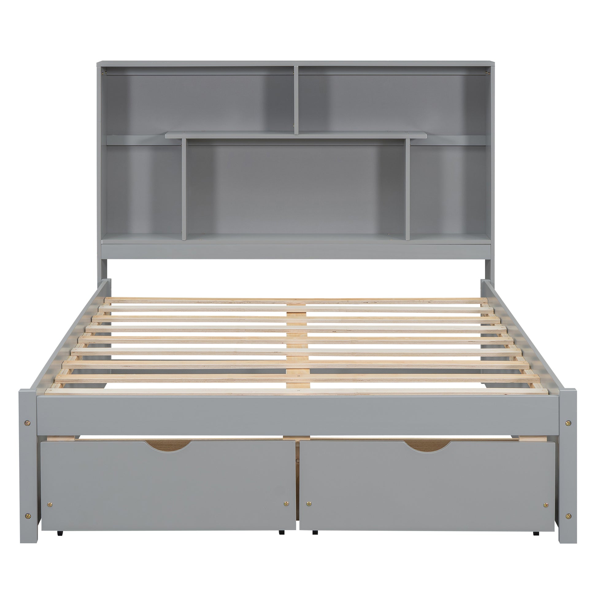 Full Size Platform Bed With Storage Headboard And 2 Drawers, Gray Box Spring Not Required Full Gray Wood Bedroom Bed Frame Solid Wood Mdf