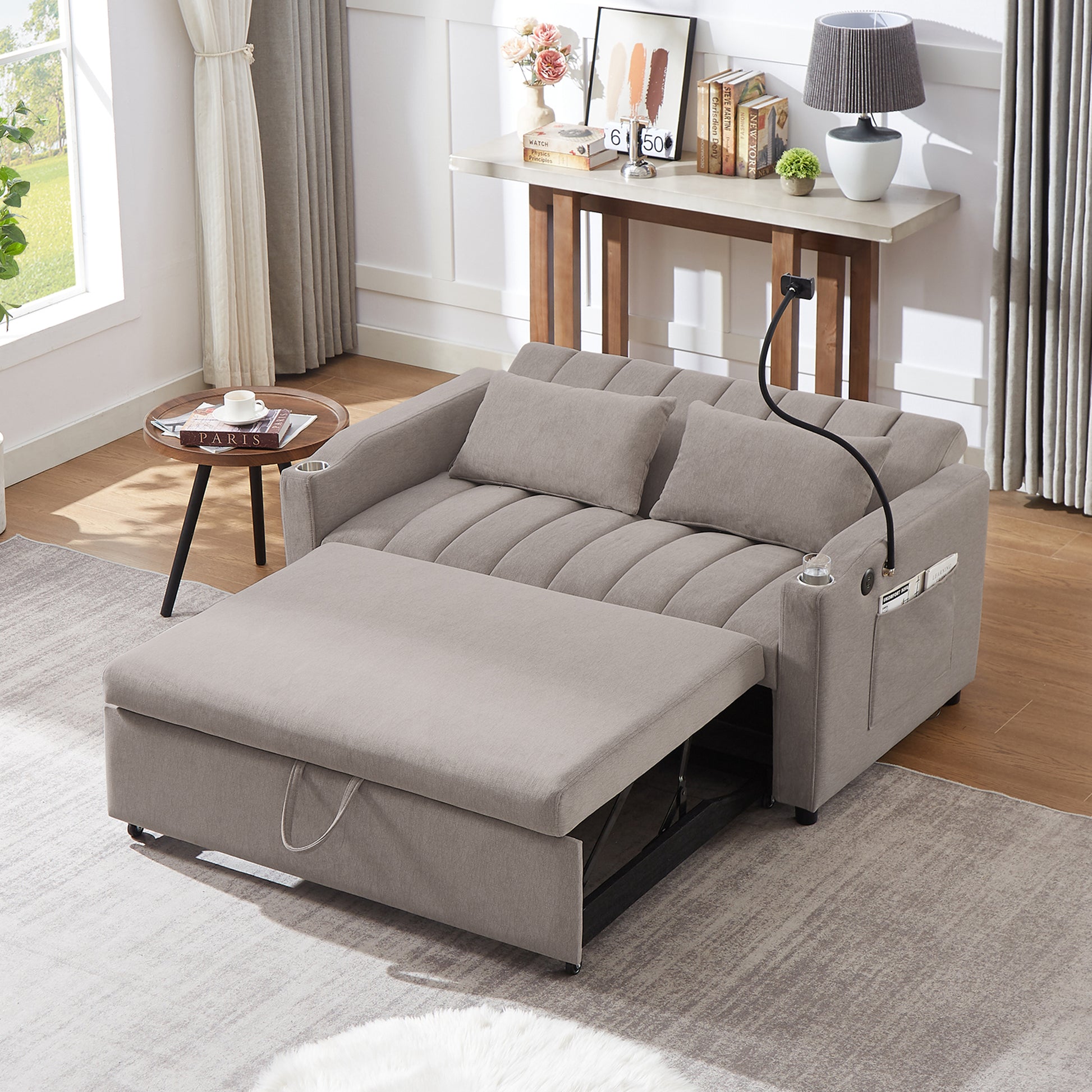 55.9" Convertible Sofa Bed Loveseat Sofa With Three Usb Ports, Two Side Pockets, Two Cup Holders And 360 Swivel Phone Holder For Living Room, Light Grey Light Grey Foam Polyester