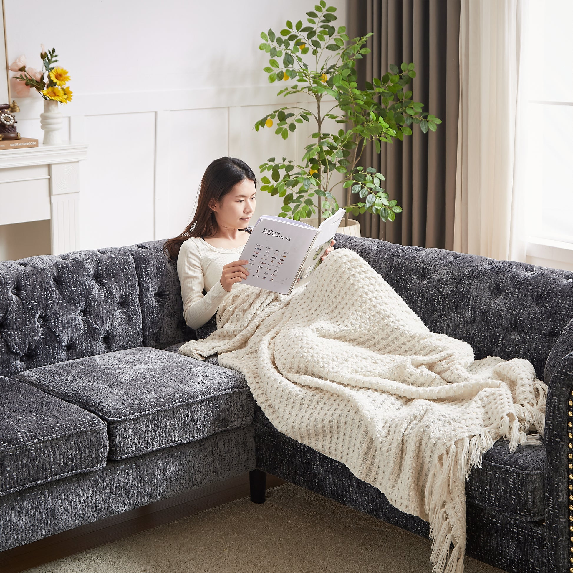 81.5 Inch Chenille Corner Sofal Shaped Sectional Couch, 5 Seater Corner Sofas With 3 Cushions For Living Room, Bedroom, Apartment, Office Grey Foam Chenille 5 Seat