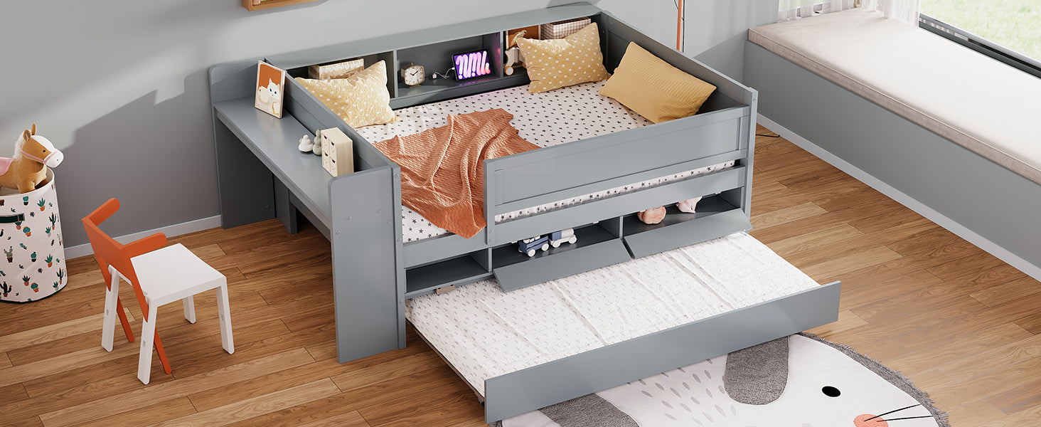 Multi Functional Twin Daybed With Drawers And Trundle, Headboard Storage And Tables, Usb Charging Station, Gray Box Spring Not Required Twin Gray Wood Daybeds Pine