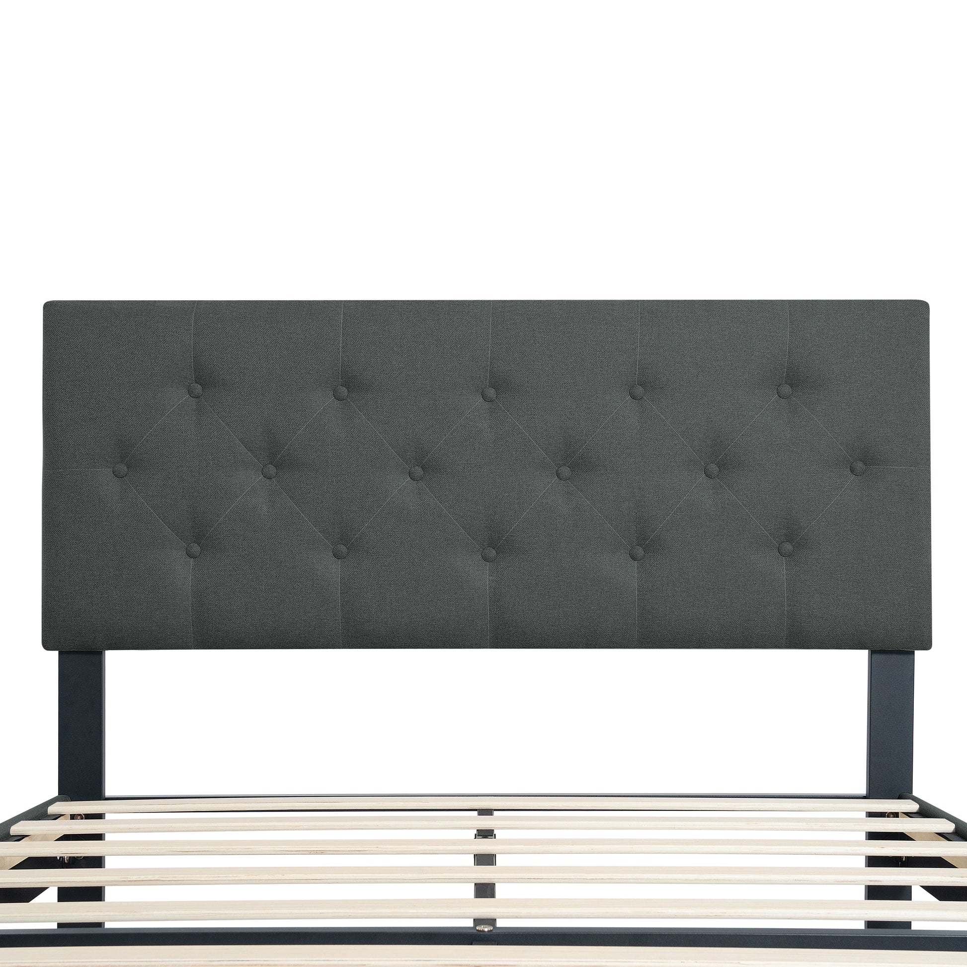 Queen Size Upholstered Platform Bed Frame With Modern Button Tufted Linen Fabric Headboard, No Box Spring Needed, Wood Slat Support, Easy Assembly, Dark Grey Queen Dark Gray Linen