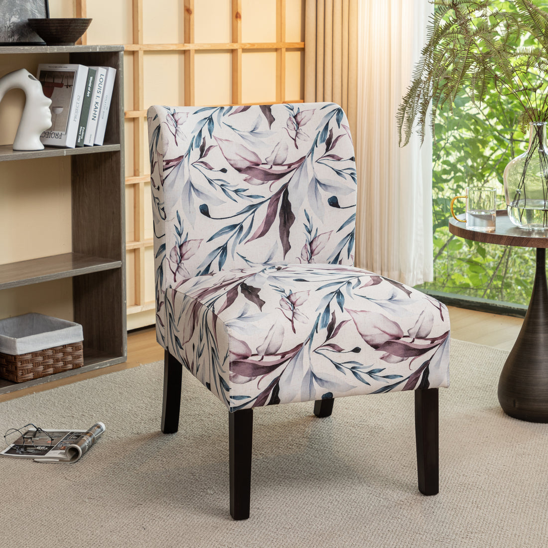 Capa Print Fabric Armless Contemporary Accent Chair, Purple Floral Multicolor Brown Primary Living Space Casual,Contemporary,Modern Rubberwood Fabric Wood Fabric