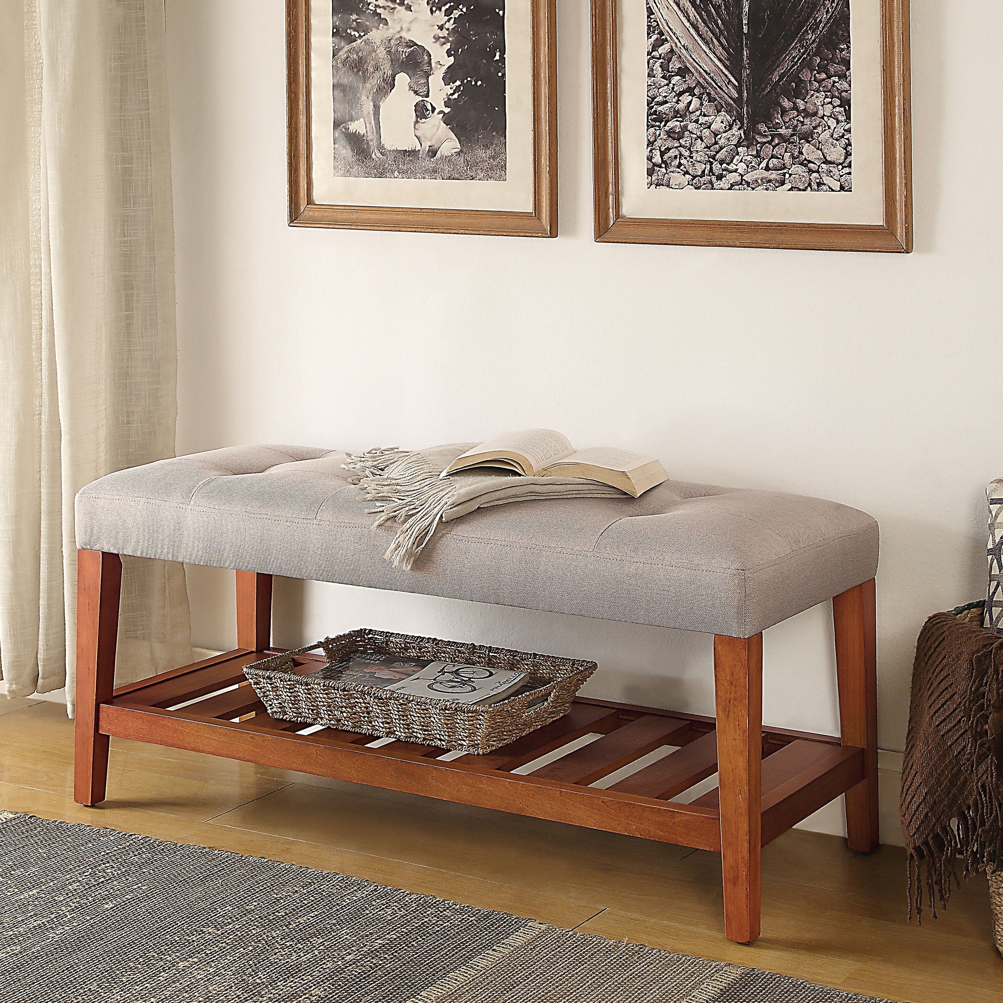 Charla Light Gray Fabric & Oak Finish Bench Gray Fabric,Synthetic Wood