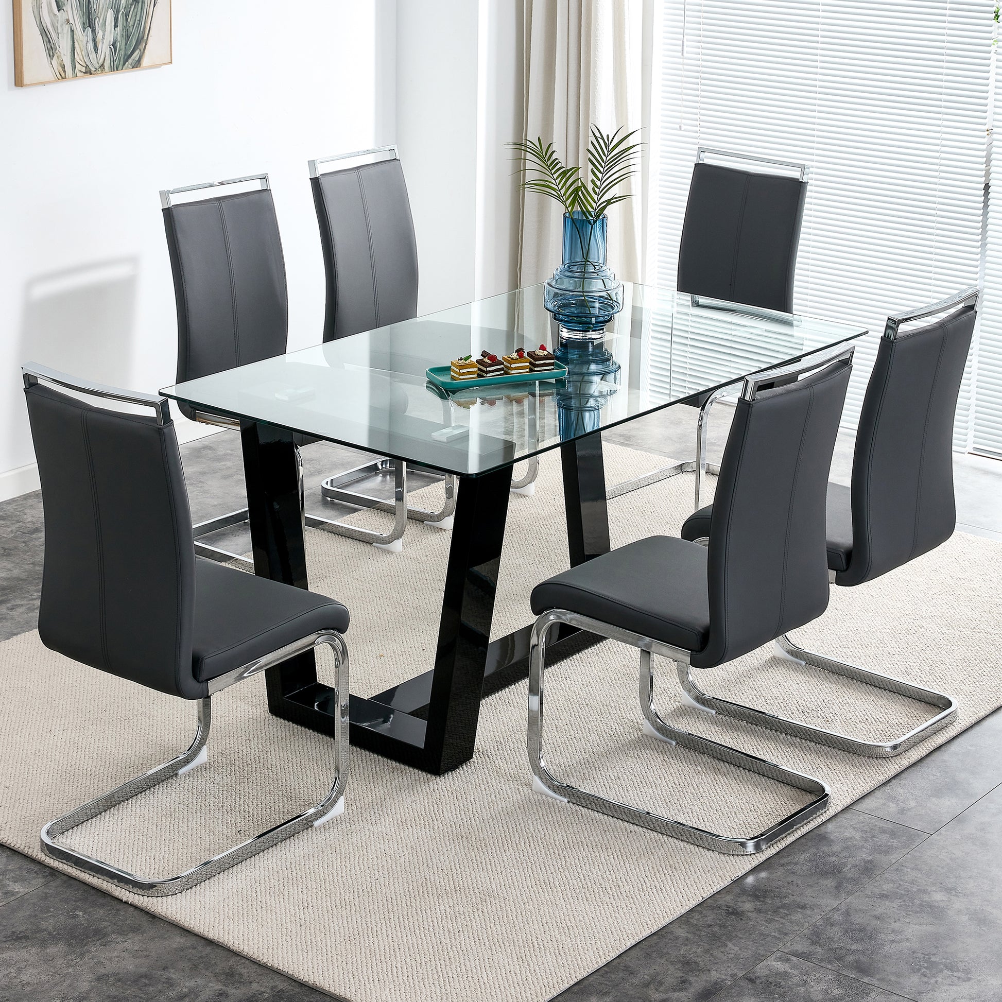 Seating 6 8 People, This Modern, Minimalist Rectangular Dining Table Features A Tempered Glass Top And A Sleek Black Mdf Stand. Suitable For Kitchen, Dining Room, Living Room, Meeting Room Transparent Mdf Glass