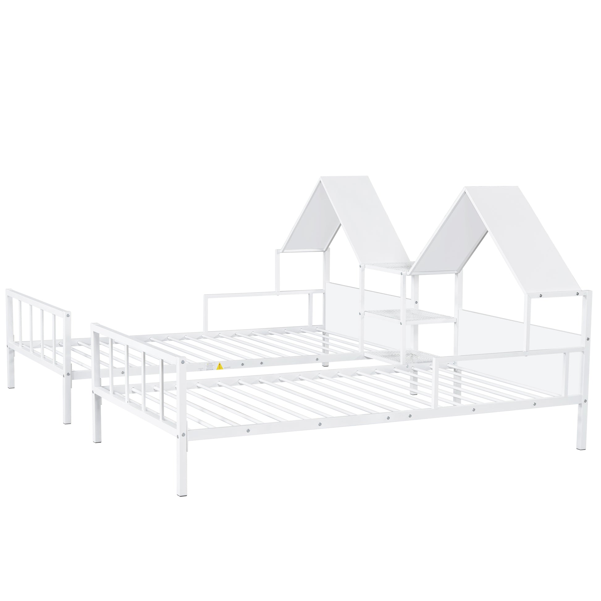 Metal Double Twin Size Platform Bed With House Shaped Headboard And A Built In Nightstand, White Box Spring Not Required Twin White Metal Metal