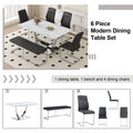 Table And Chair Set. Large Modern Rectangular Table With White Textured Top And Silver Metal Legs. Soft And Comfortable Pu Seats, Faux Leather Upholstered Seats And Sturdy Metal Legs. White Black Mdf Metal