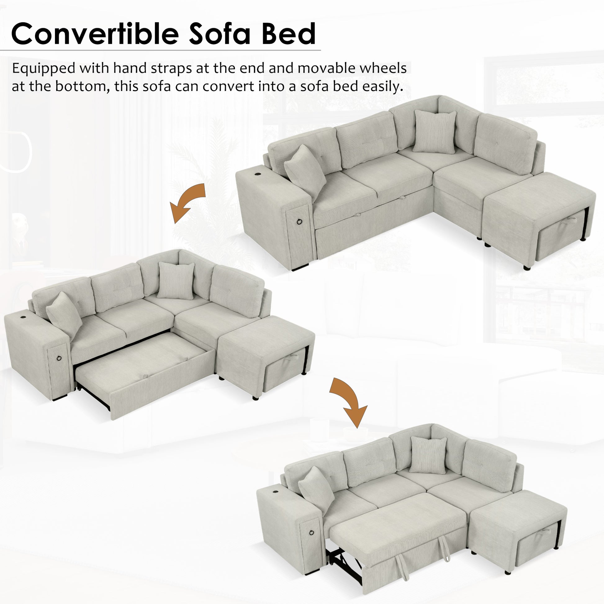 86.6" Sectional Sofa L Shaped Sofa Couch Pull Out Sofa Bed With A Movable Ottoman, Two Usb Ports And Two Cup Holders For Living Room, Gray Grey Foam Chenille 4 Seat