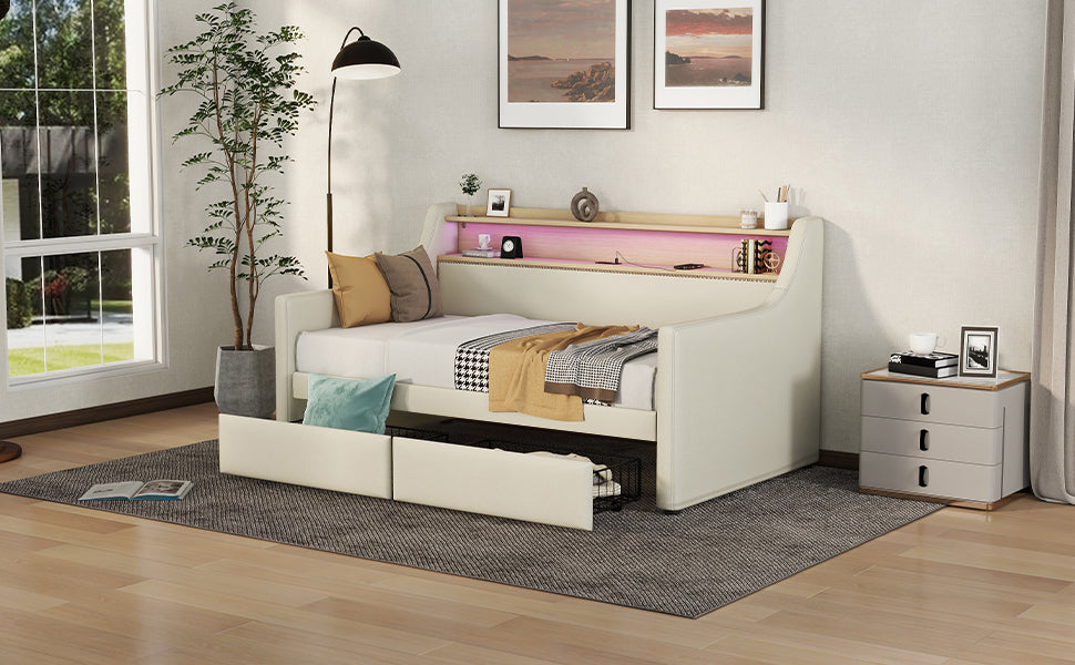 Twin Size Daybed With Storage Drawers, Upholstered Daybed With Charging Station And Led Lights, Beige Old Item W1580S00022 Twin Beige Pu Leather
