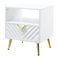 White High Gloss End Table With Shelf White Primary Living Space Mid Century Modern Drawers Rectangular Wood Metal