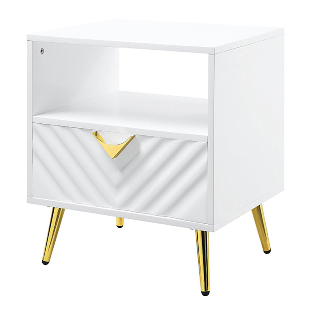 White High Gloss End Table With Shelf White Primary Living Space Mid Century Modern Drawers Rectangular Wood Metal