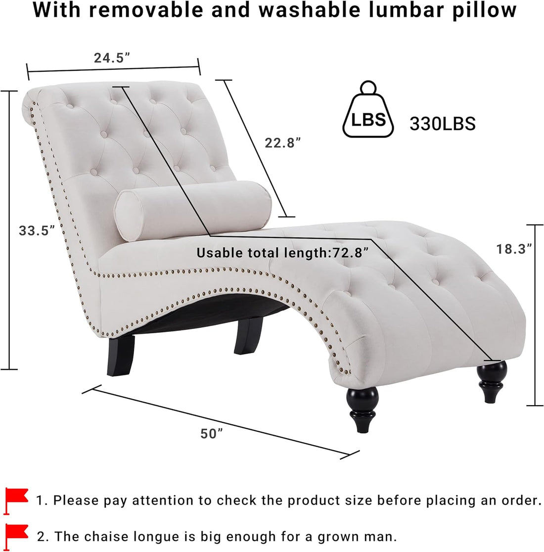 Upholstered Chaise Lounge With Solid Wood Legs, Support Pillow For Bedroom, Living Room, Office Beige Wood Fabric