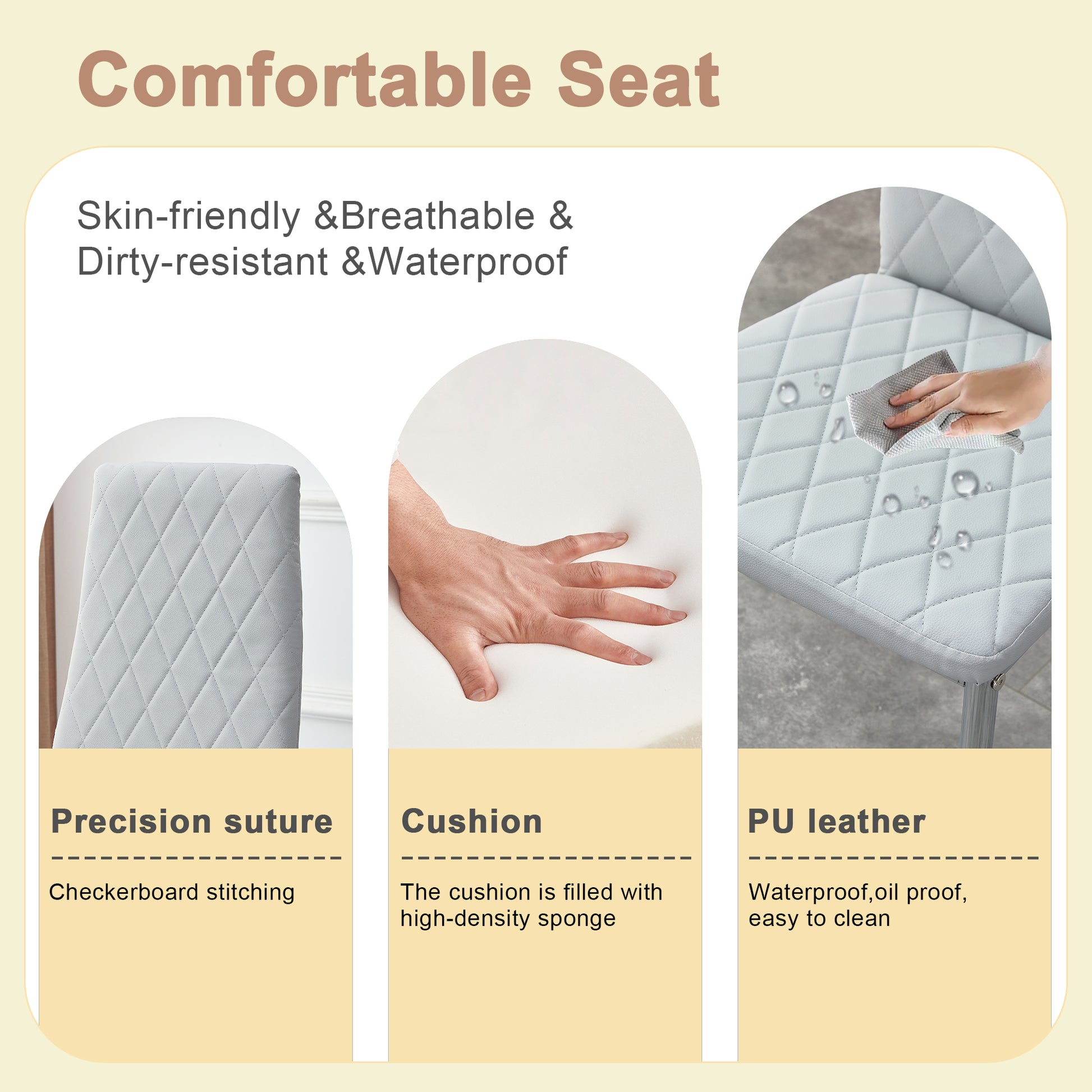 Table And Chair Set.Large Modern Rectangular Table With Brown Glass Top And Silver Metal Legs. Paired With 6 Light Gray Chairs With Checkered Armless High Back Pu Cushion And Silver Metal Legs. Light Gray,Silver Seats 6 Glass Metal