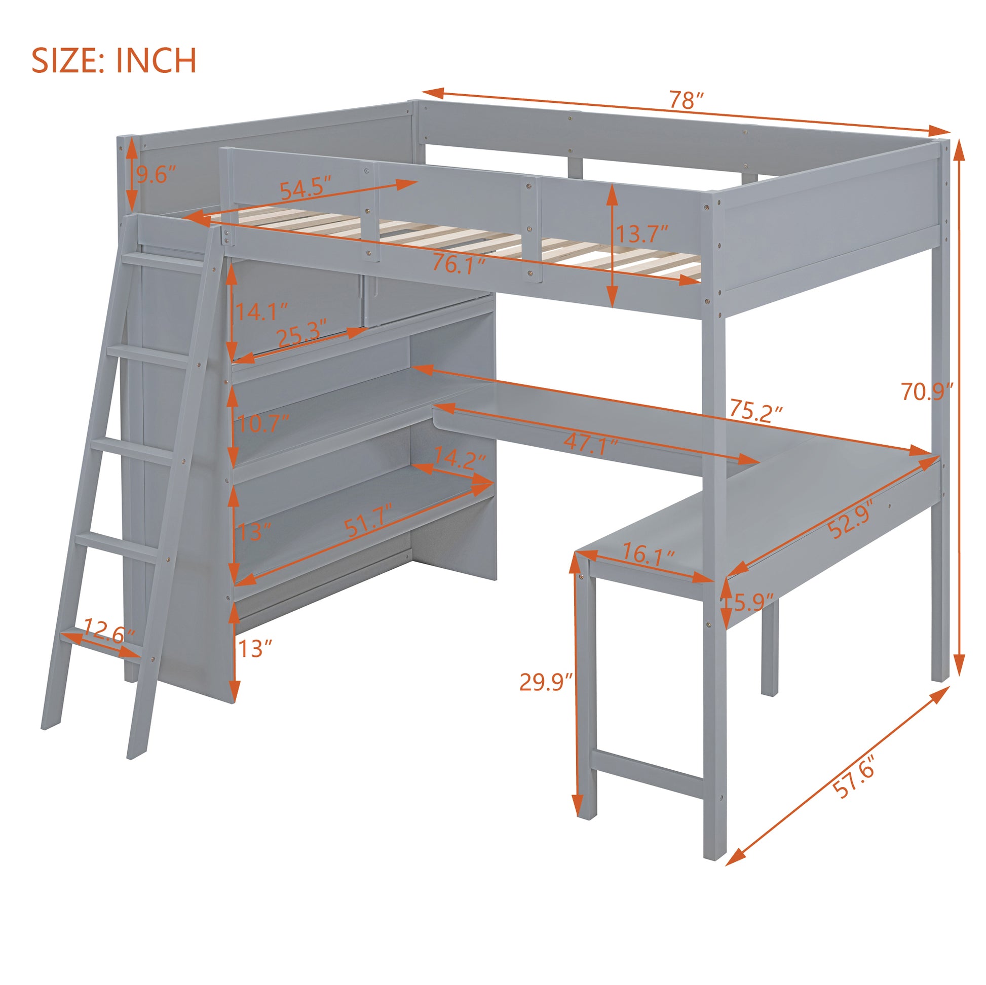 Full Size Loft Bed With Desk And Shelf Gray Full Gray Solid Wood