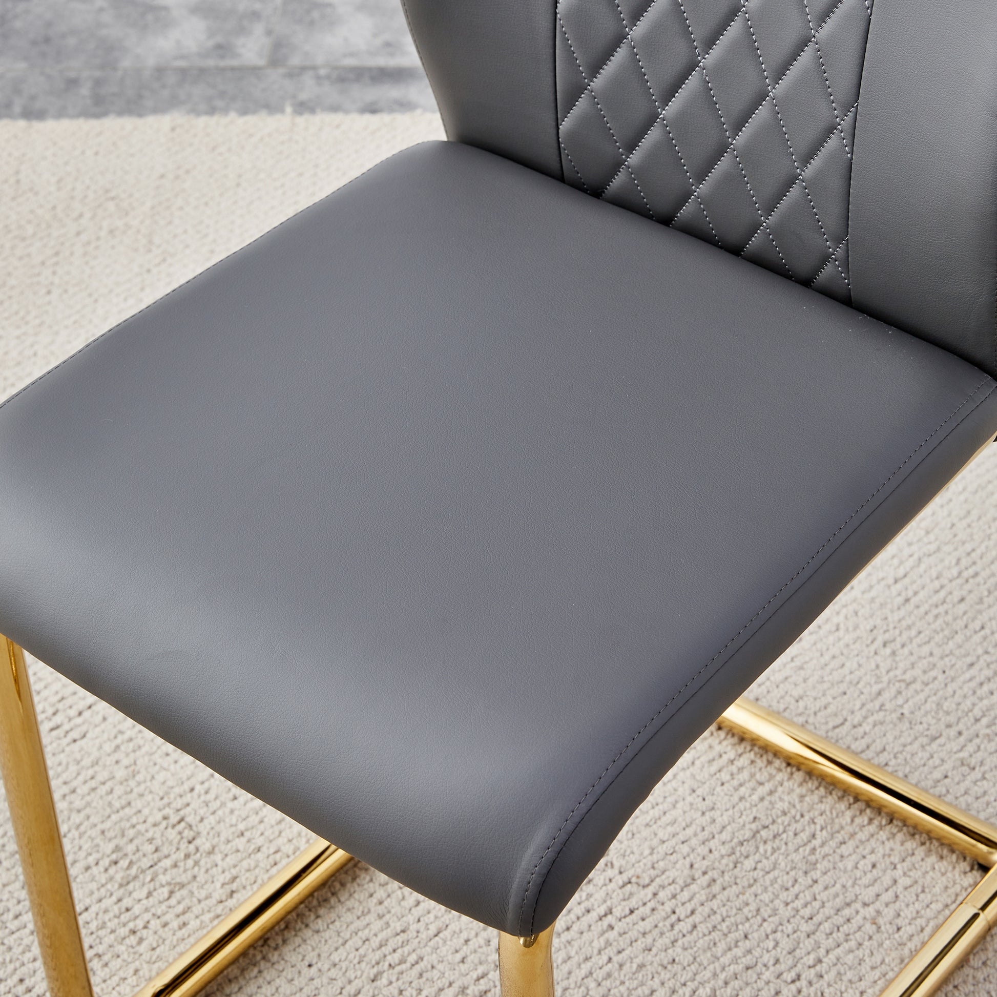 Table And Chair Set.Large Modern Rectangular Table With 0.4 Inch Patterned Glass Tabletop And Large Mdf Table Legs.Comes With 8 Chairs With Faux Leather Cushioned Seats And Golden Metal Legs. Gold White Seats 8 Mdf Glass