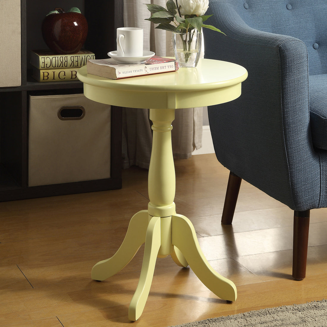 Light Yellow Side Table With Turned Pedestal Light Yellow Primary Living Space Traditional Round Wood Pedestal