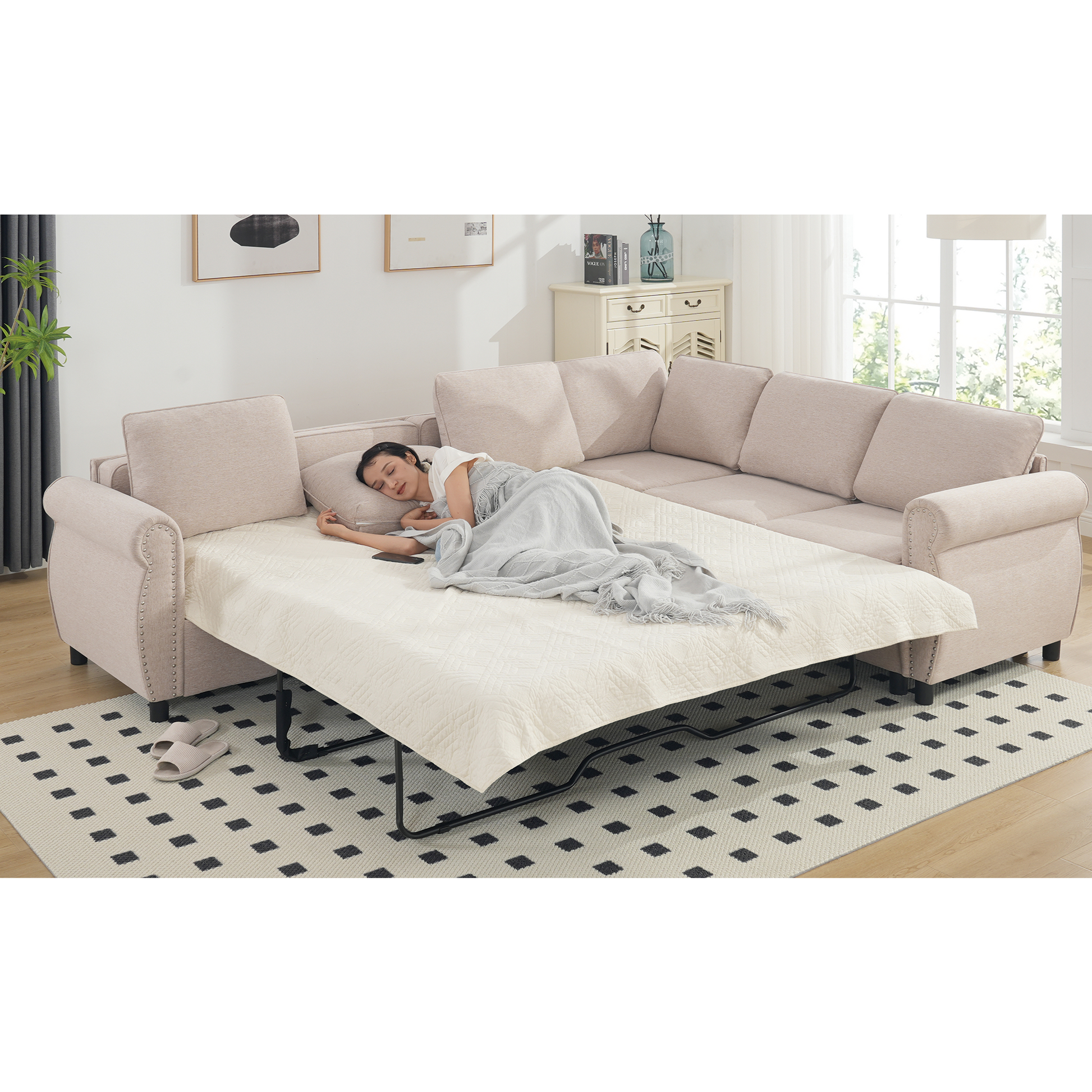 Arrived Sleeper Sofa, 2 In 1 Pull Out Couch Bed,6 Seater Sofa Bed, L Shaped Sleeper Sectional Sofa Couch,Riveted Sofa,104'' Large Combined Sofa Bed In Living Room, Beige Beige Polyester Wood Primary Living Space Medium Soft Cushion Back Modern Polyester