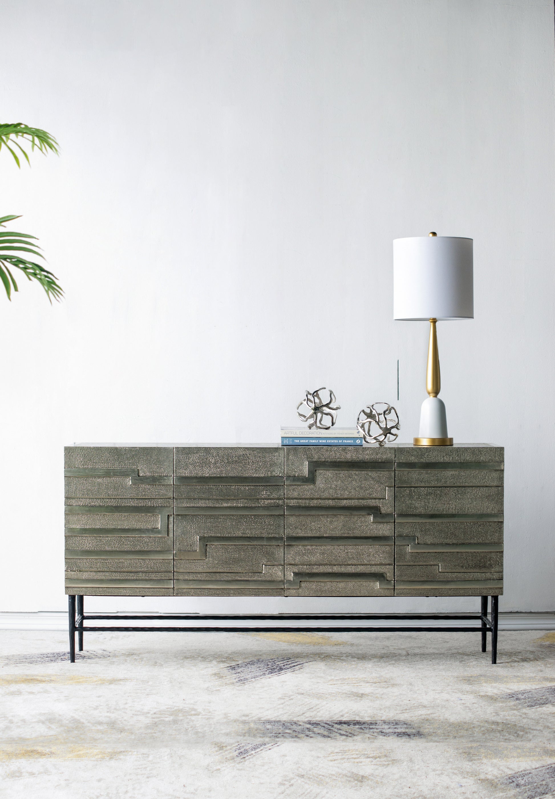 59X14.5X30" Linear 4 Door Credenza Black And Silver Brass