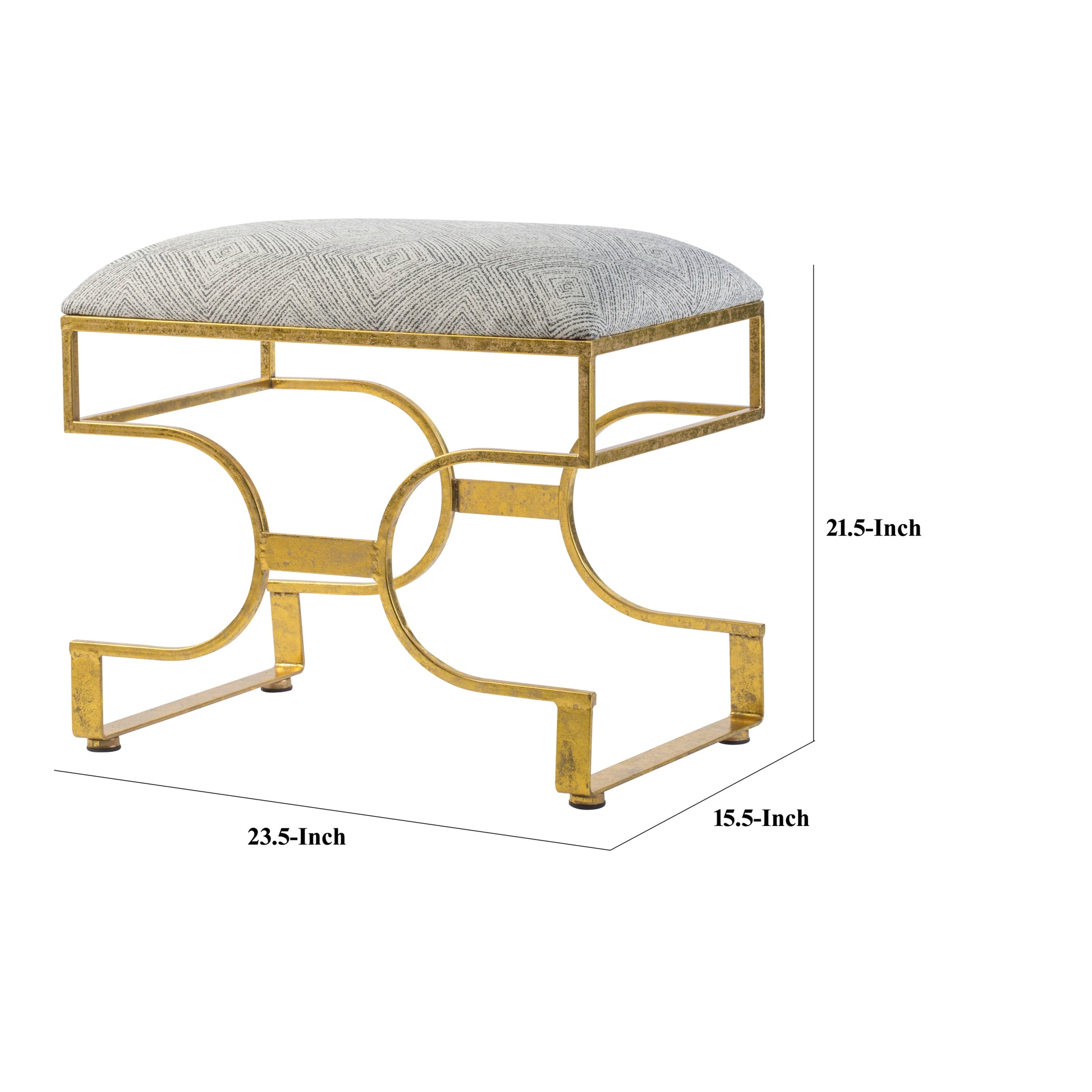 24 Inch Modern Ultra Padded Ottoman, Geometric Frame, Gray, Gold Patina Gray Iron