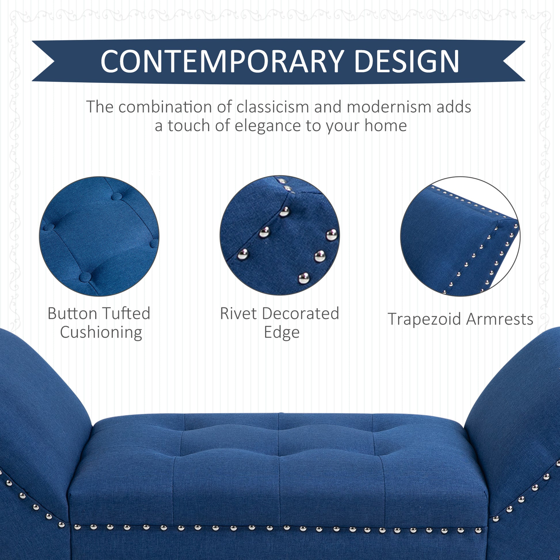 Homcom Modern Button Tufted Sitting Bench, Accent Fabric Upholstered Ottoman For Bedroom Or Living Room, Blue Blue Polyester