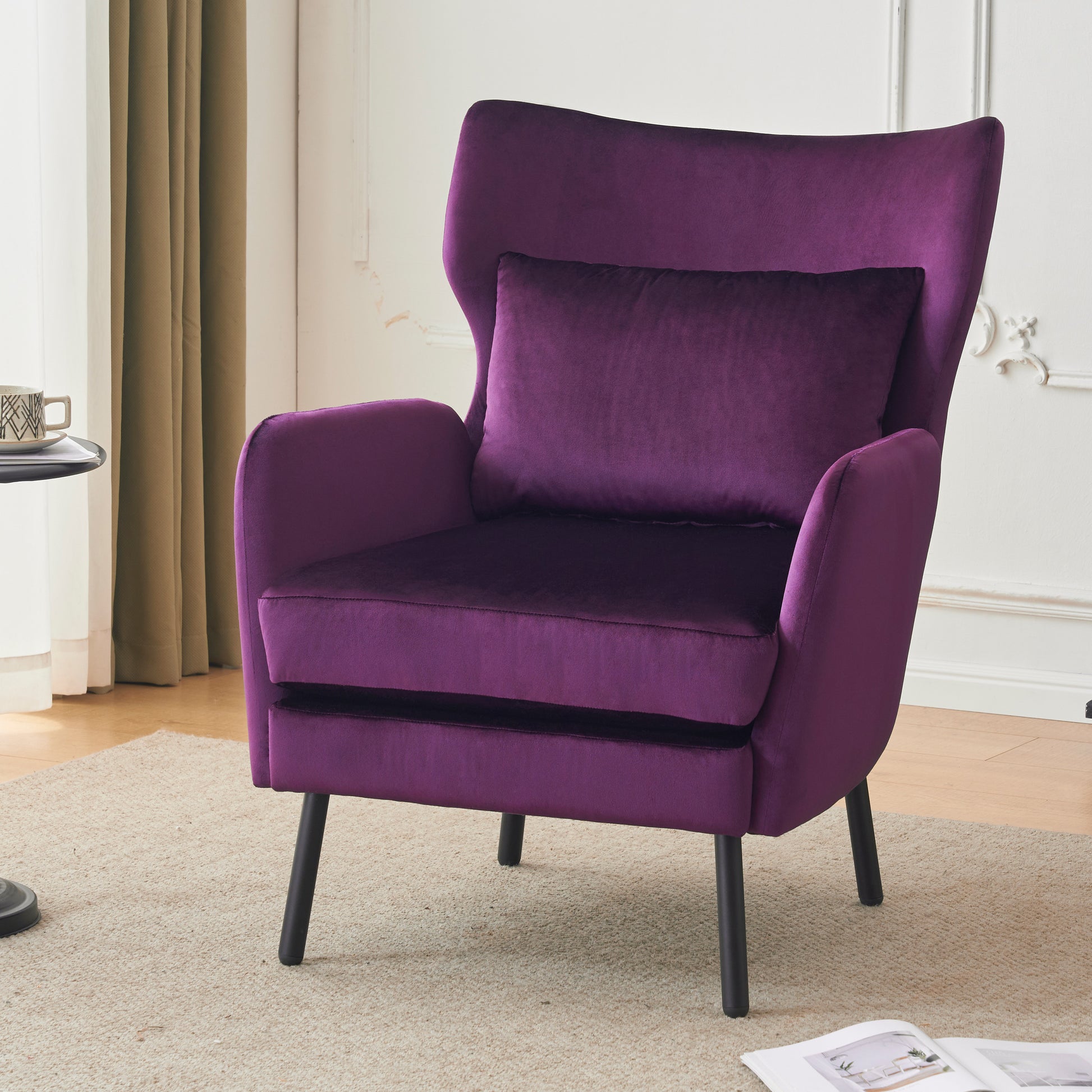 Wing Back Velvet Accent Chair, Modern Living Room Armchair Comfy Upholstered Single Sofa Chair For Bedroom Dorms Reading Reception Room With Metal Legs & Pillow, Purple Purple Velvet