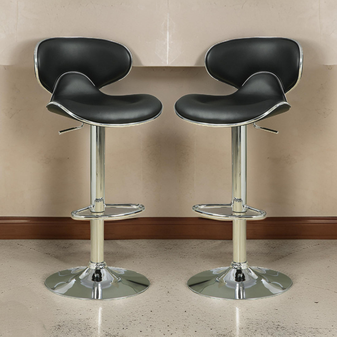 Swivel Adjustable Bar Stool, Black, Set Of 2 Black And Silver Fabric