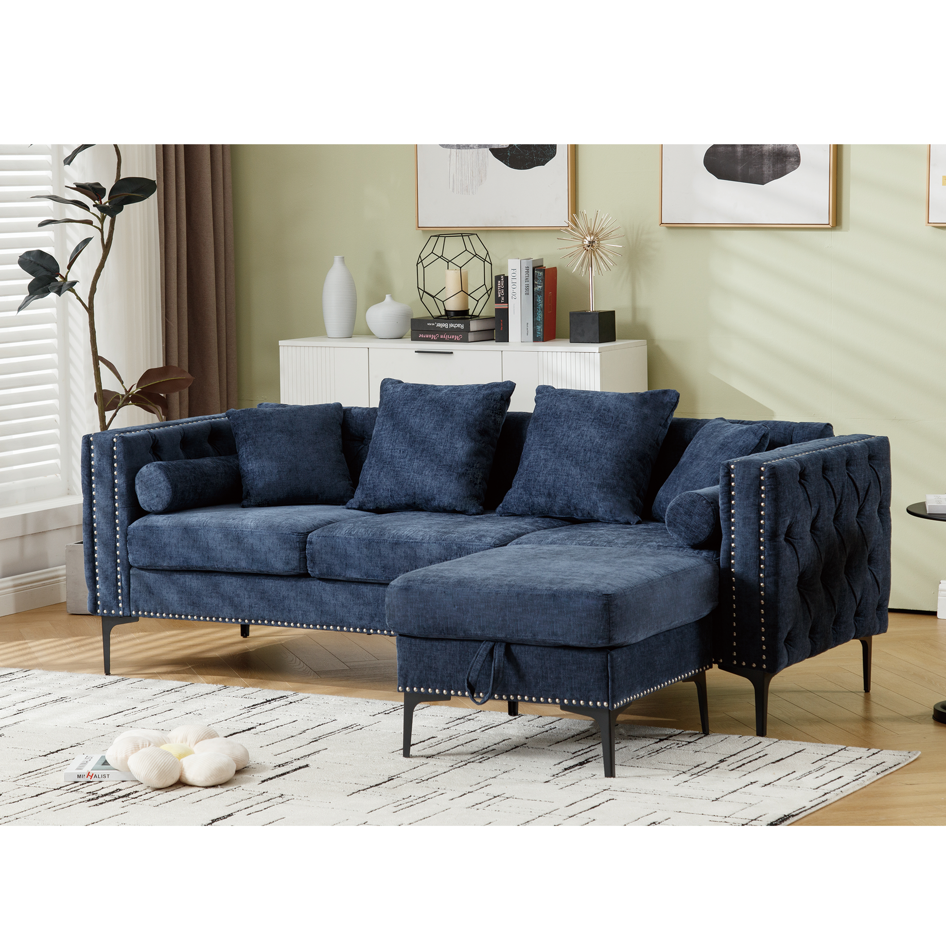 Arrived L Shaped Sectional Sofaconvertible Storage Ottoman,Chenille ,Square Arm, Modern Tufted Couch ,3 Seater, And Nailhead,Blue Blue Polyester Wood Primary Living Space Medium Soft Tufted Back Modern Square Arms Metal & Wood 4 Seat