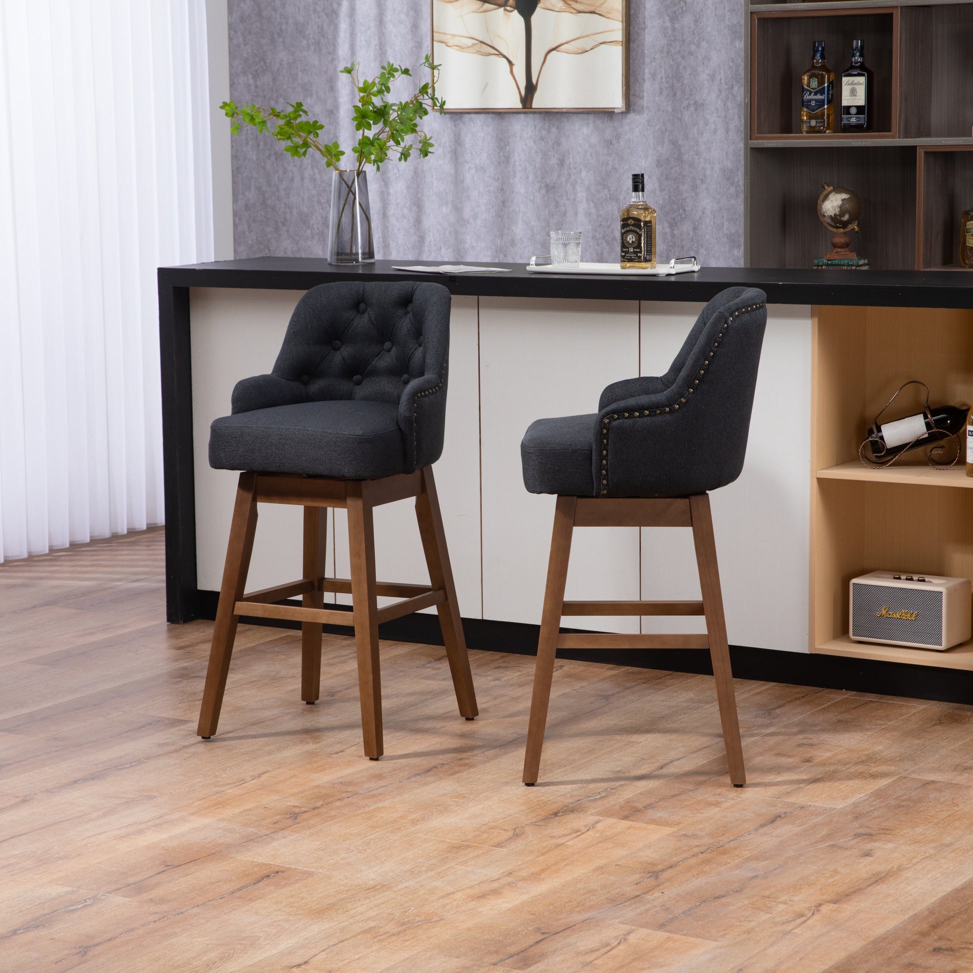 Coolmore Bar Stools Set Of 2 Counter Height Chairs With Footrest For Kitchen, Dining Room And 360 Degree Solid Wood Legs Swivel Bar Stools Set Of 2 Black Linen Black Foam Linen