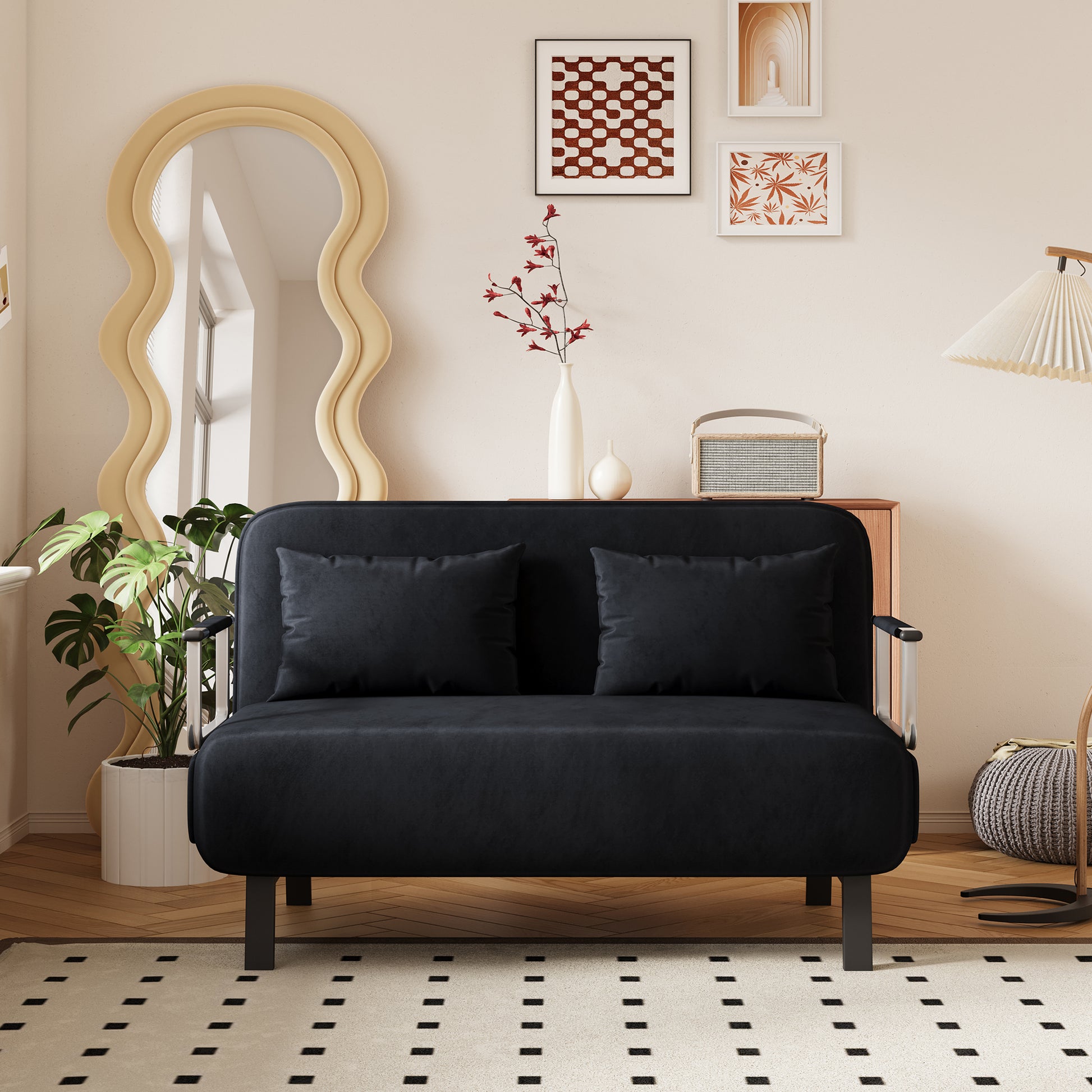 39 Convertible Chair Bed, Tri Fold Sofa Bed With Adjustable Backrest & Pillow, Leisure Chaise Lounge Couch With Sturdy Steel Frame For Home & Office, Comfortable Sleeper Chair Black Black Velvet Primary Living Space Medium Firm Contemporary Polyurethane