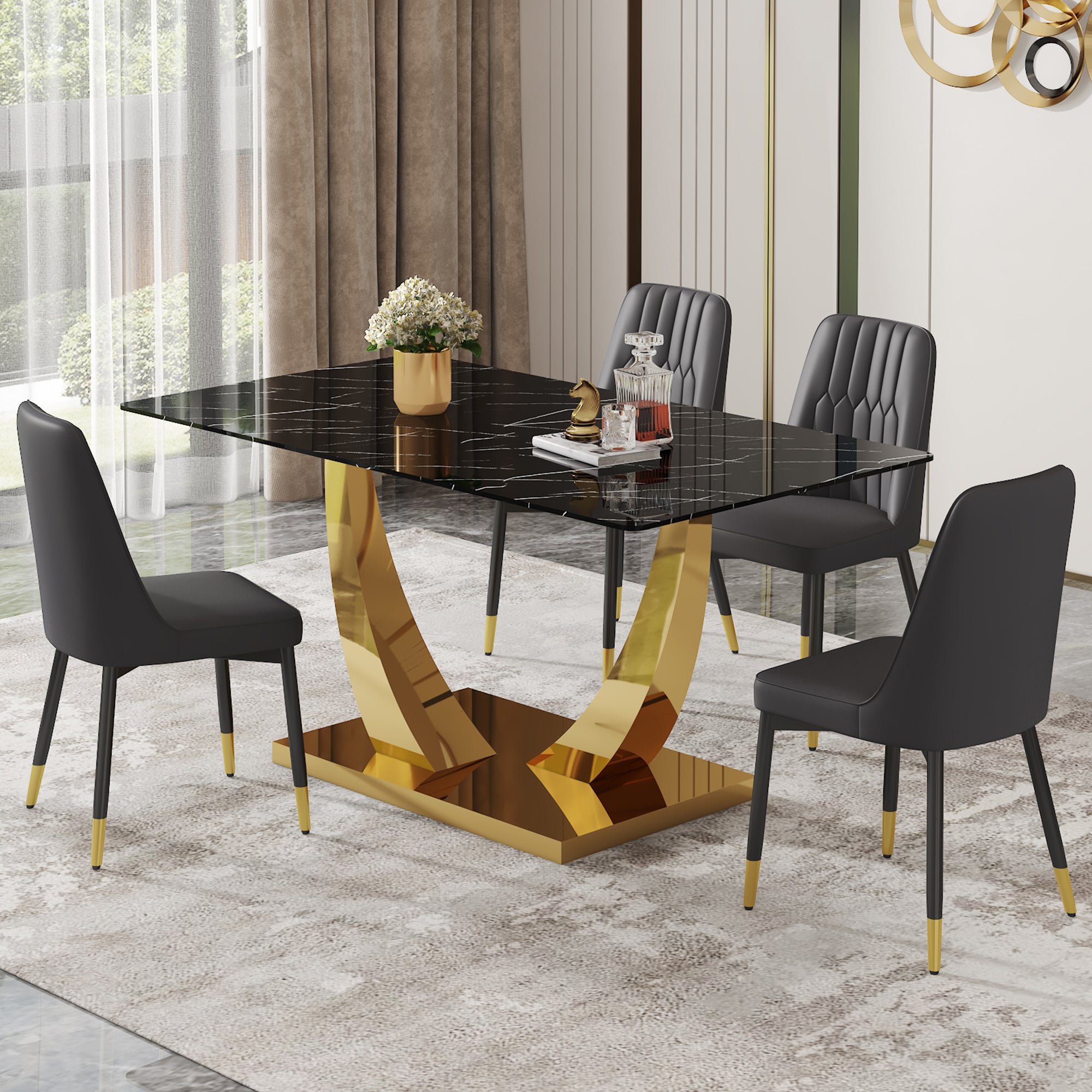 Table And Chair Set.Modern Rectangular Dining Table With Black Textured Stickers Glass Tabletop And Gold Plated Metal Legs.Paried With 4 Comfortable Chairs With Pu Seats And Black Metal Legs. Black Gold Seats 4 Glass Metal