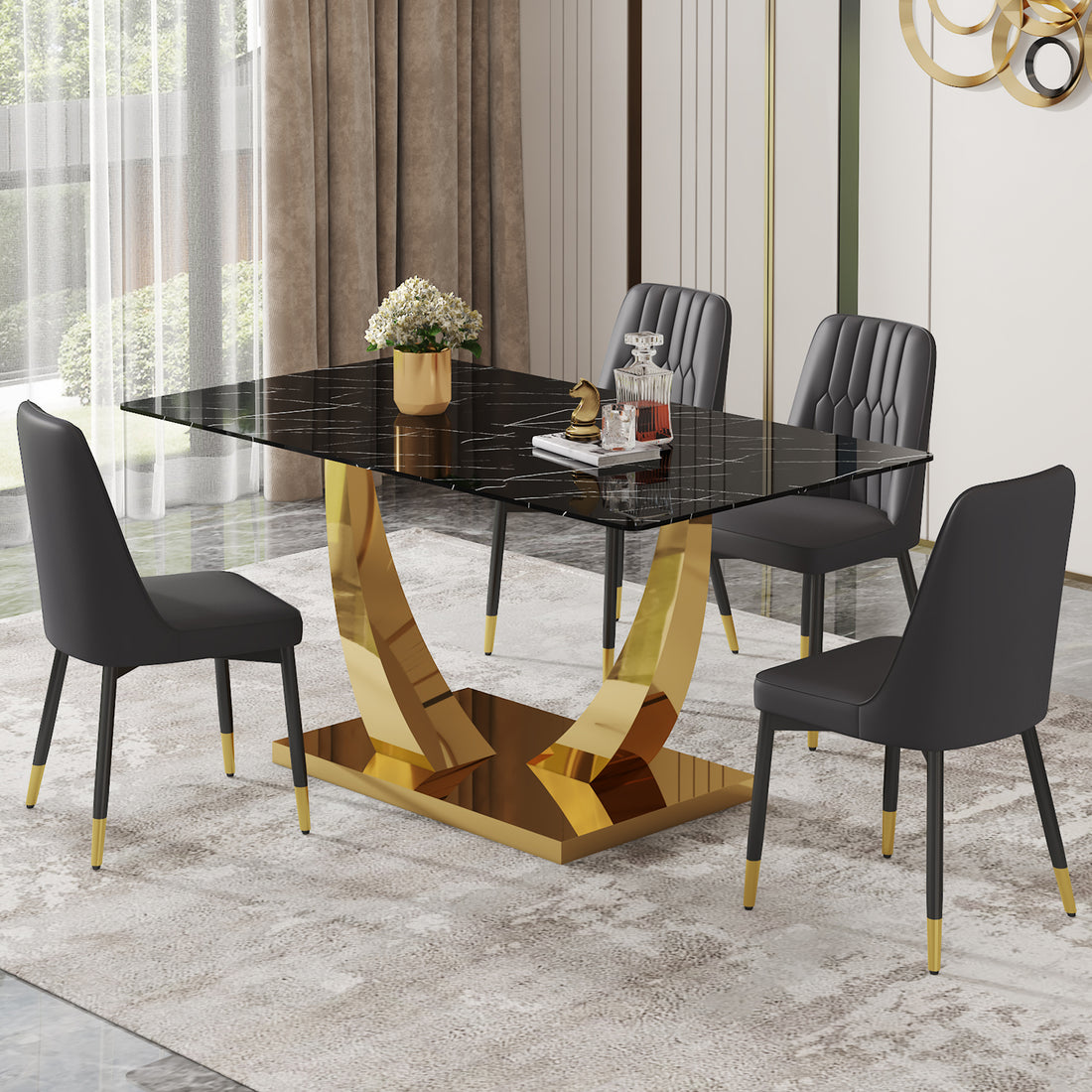 Table And Chair Set.Modern Rectangular Dining Table With Black Textured Stickers Glass Tabletop And Gold Plated Metal Legs.Paried With 4 Comfortable Chairs With Pu Seats And Black Metal Legs. Black Gold Seats 4 Glass Metal