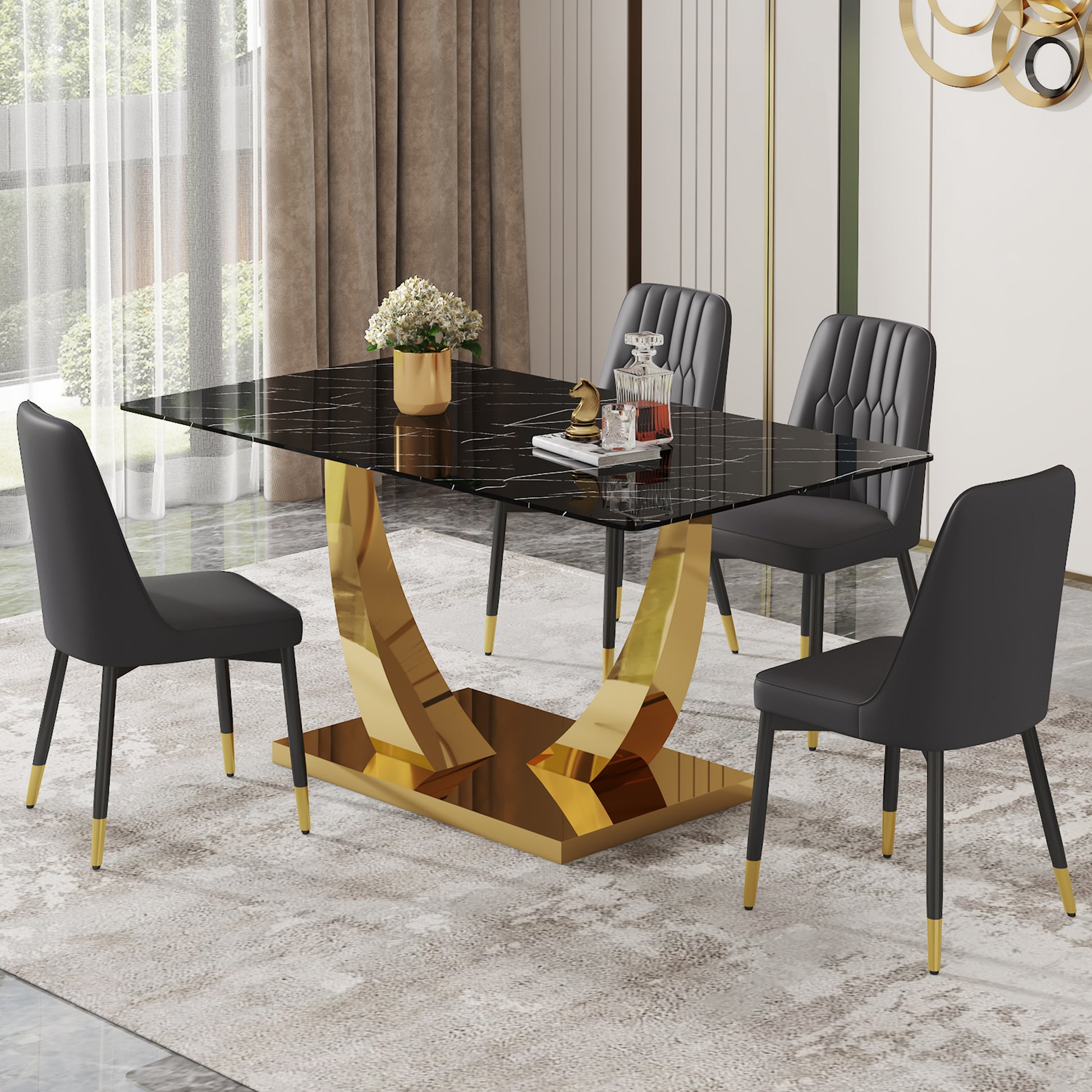Table And Chair Set.Modern Rectangular Dining Table With Black Textured Stickers Glass Tabletop And Gold Plated Metal Legs.Paried With 4 Comfortable Chairs With Pu Seats And Black Metal Legs. Black Gold Seats 4 Glass Metal
