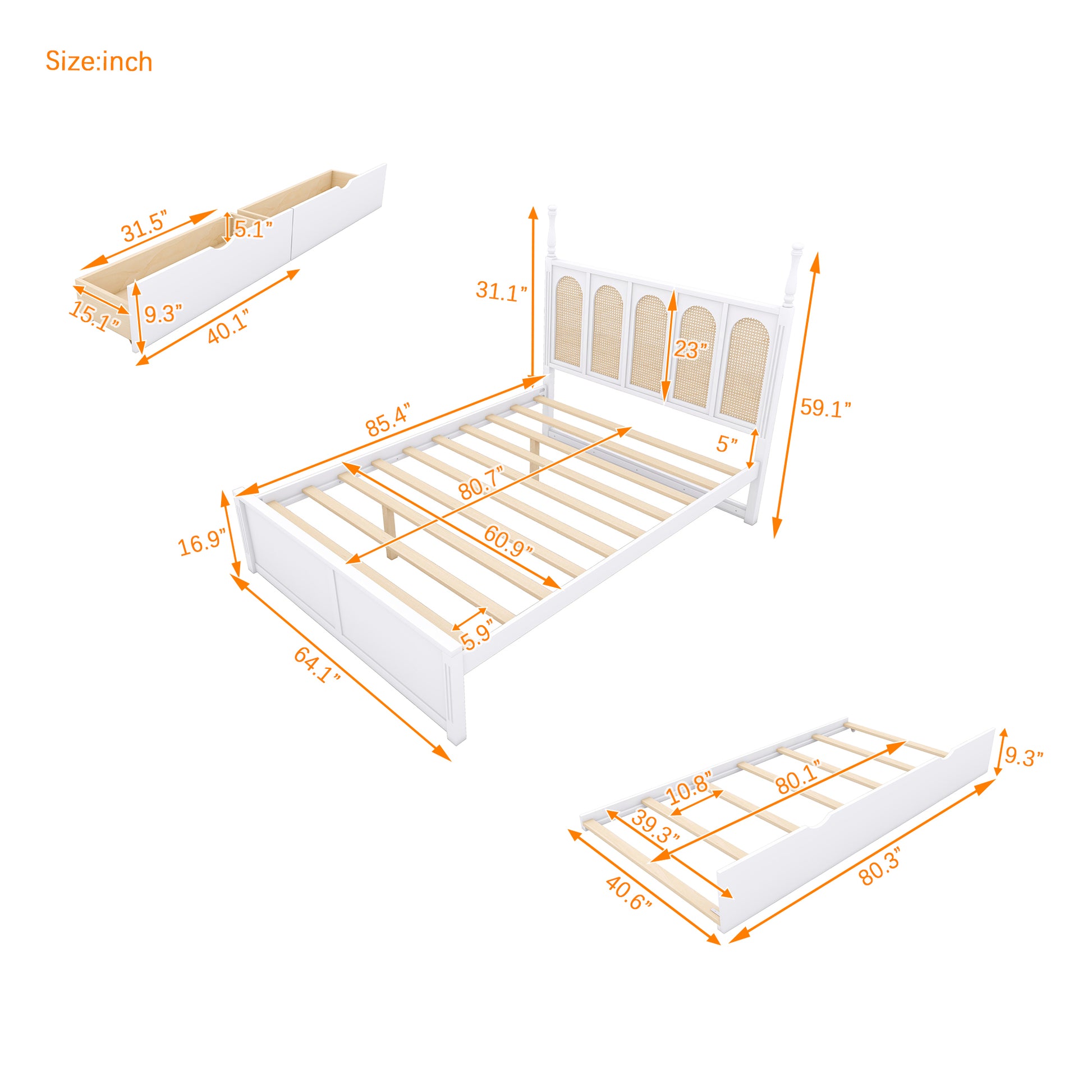 Queen Size Rattan Platform Bed With With 2 Big Drawers, T Size Trundle, White Queen White Plywood