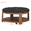 Modern Large Round Ottoman Coffee Table 2 Tier Oversized Button Tufted Ottoman With Wood Shelf Storage Upholstered Coffee Table For Living Room Footrest Ottoman With Wheel, Waterproof Linen Black Brown Rubber Wood