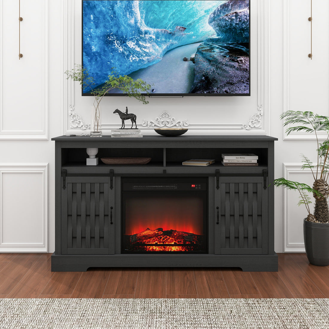 Fireplace Tv Stand For Tvs Up To 65", Entertainment Center With 23" Electric Fireplace, Farmhouse Tv Stand Industrial Media Console With Sliding Barn Door For Living Room, 58 Inch Dark Gray Particle