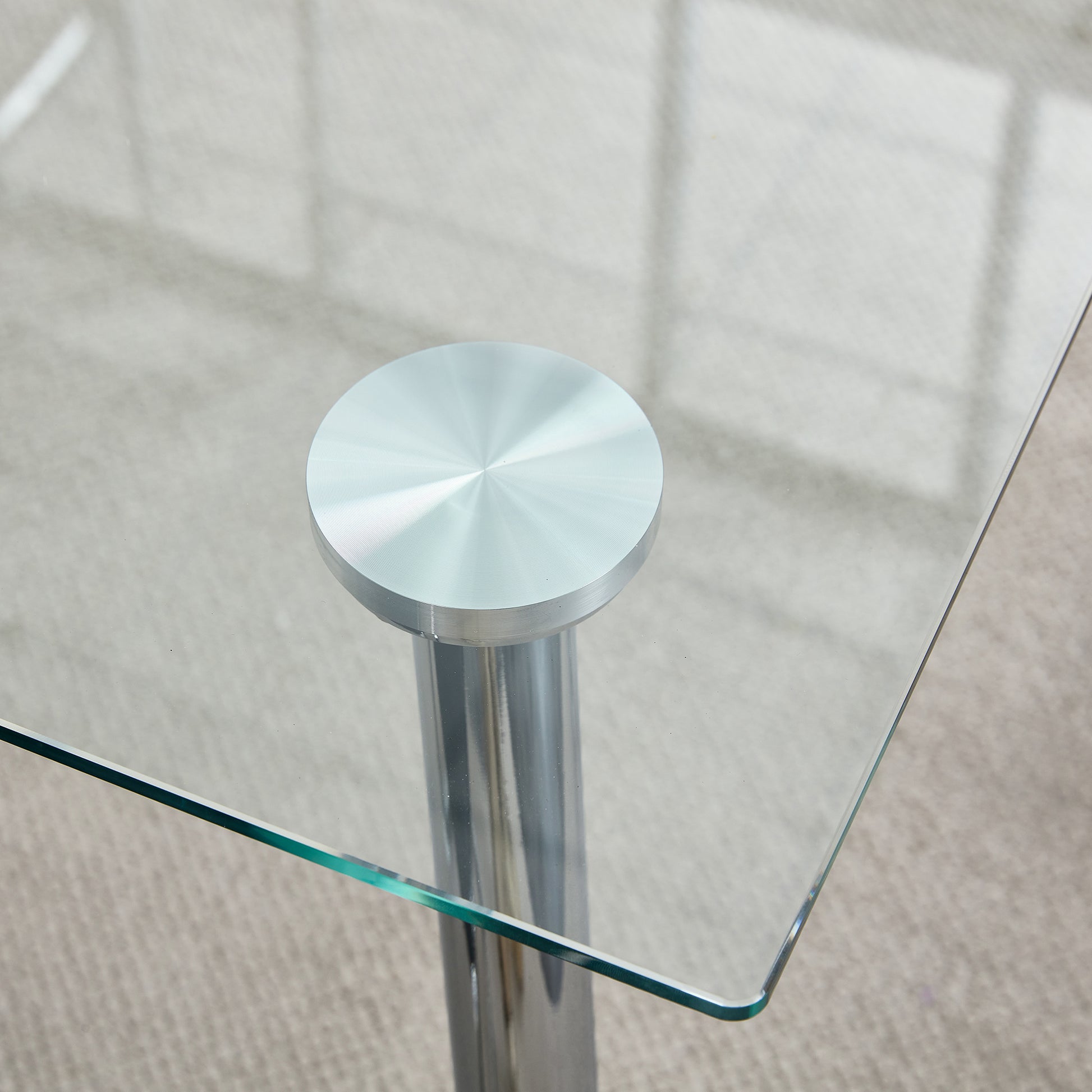 Table And Chair Set.Rectangular Dining Table With Tempered Glass Tabletop And Silver Plating Metal Legs.Paired With 4 Checkered Armless High Backlight Gray Chairs With Electroplated Metal Legs. Transparent Seats 4 Glass Metal