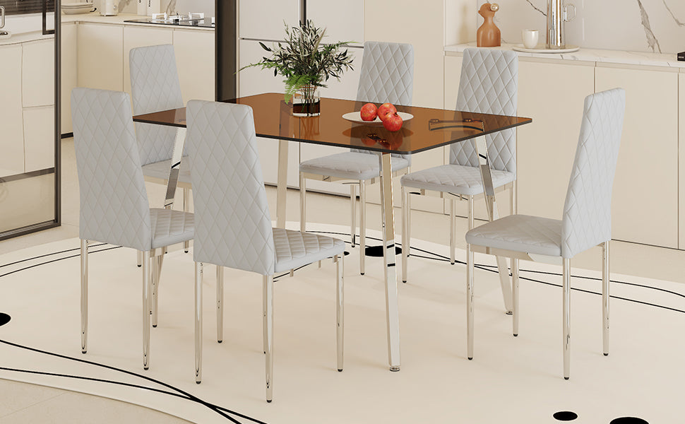 Table And Chair Set.Large Modern Rectangular Table With Brown Glass Top And Silver Metal Legs. Paired With 6 Light Gray Chairs With Checkered Armless High Back Pu Cushion And Silver Metal Legs. Light Gray,Silver Seats 6 Glass Metal