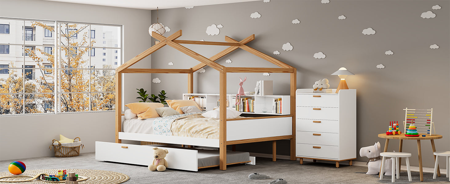 White Twin Size Wooden House Bed With Original Wood Colored Frame Twin Size Trundle And Bookshelf Storage Space For Children Or Guest Room Twin White Wood