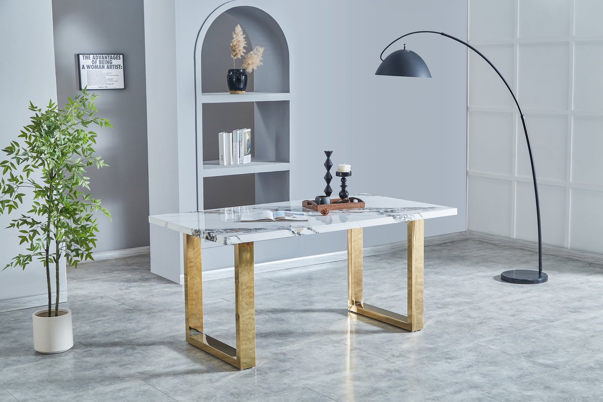 Luxurious Faux Marble Mdf Dinning Table For 6 Or 8, Rectangular 63"L*35.4"W*29.8"H, Thick And Solid Stainless Steel Legs Modern, Sturdy And Du Rable, Easy To Assemble For Kitchen Living Room Meeting White Gray Seats 6 Ergonomic Kitchen