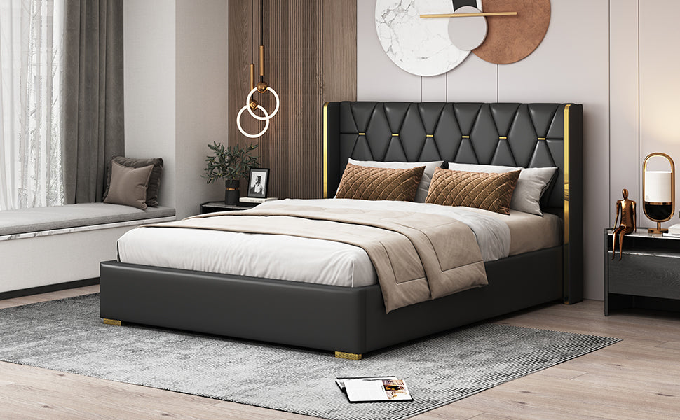 Queen Size Upholstered Platform Bed With Metal Strips, Black Queen Black Pu