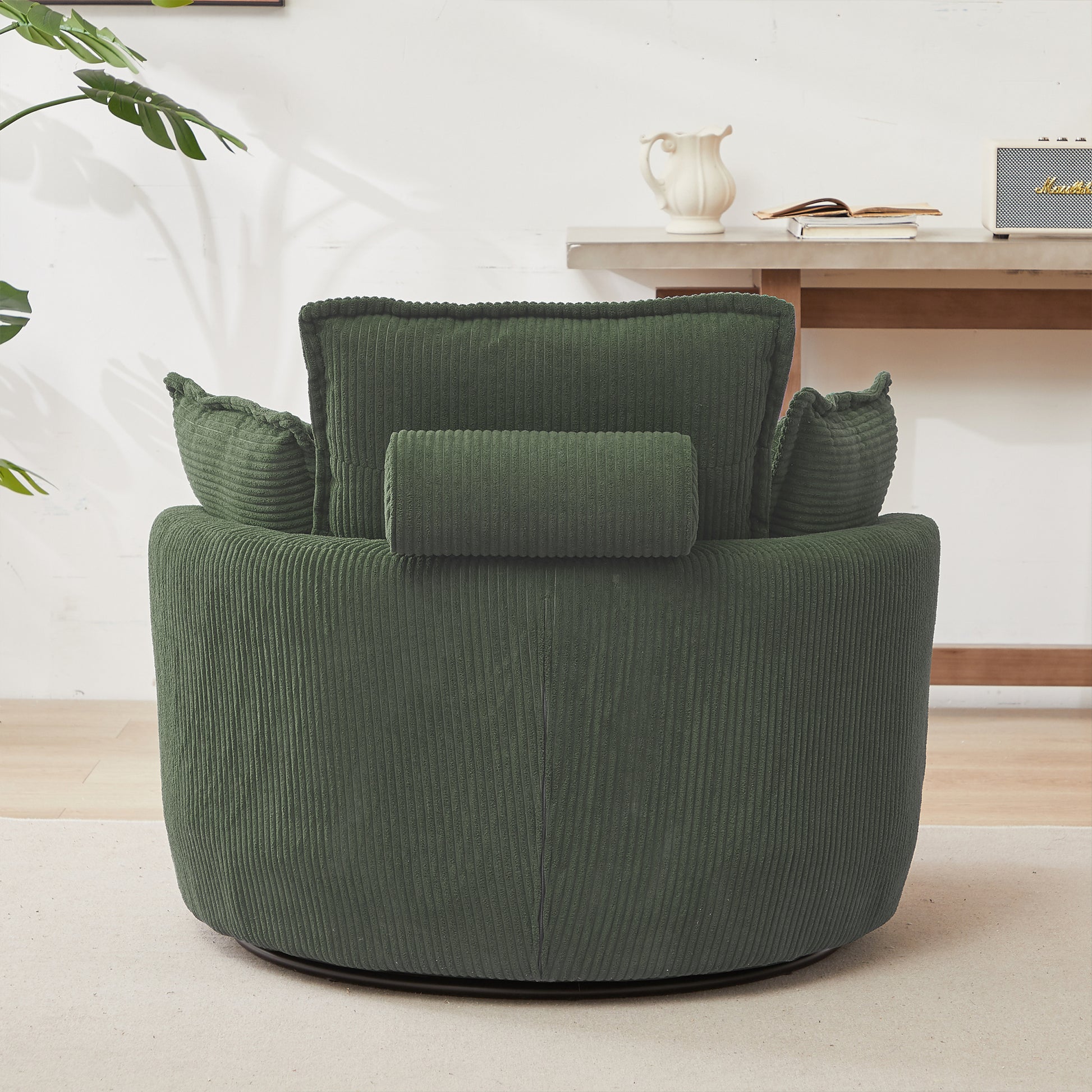 38"W Oversized Swivel Chair With Moon Storage Ottoman For Living Room, Modern Accent Round Loveseat Circle Swivel Barrel Chairs For Bedroom Cuddle Sofa Chair Lounger Armchair, 4 Pillows,Corduroy Green Foam Corduroy 1 Seat