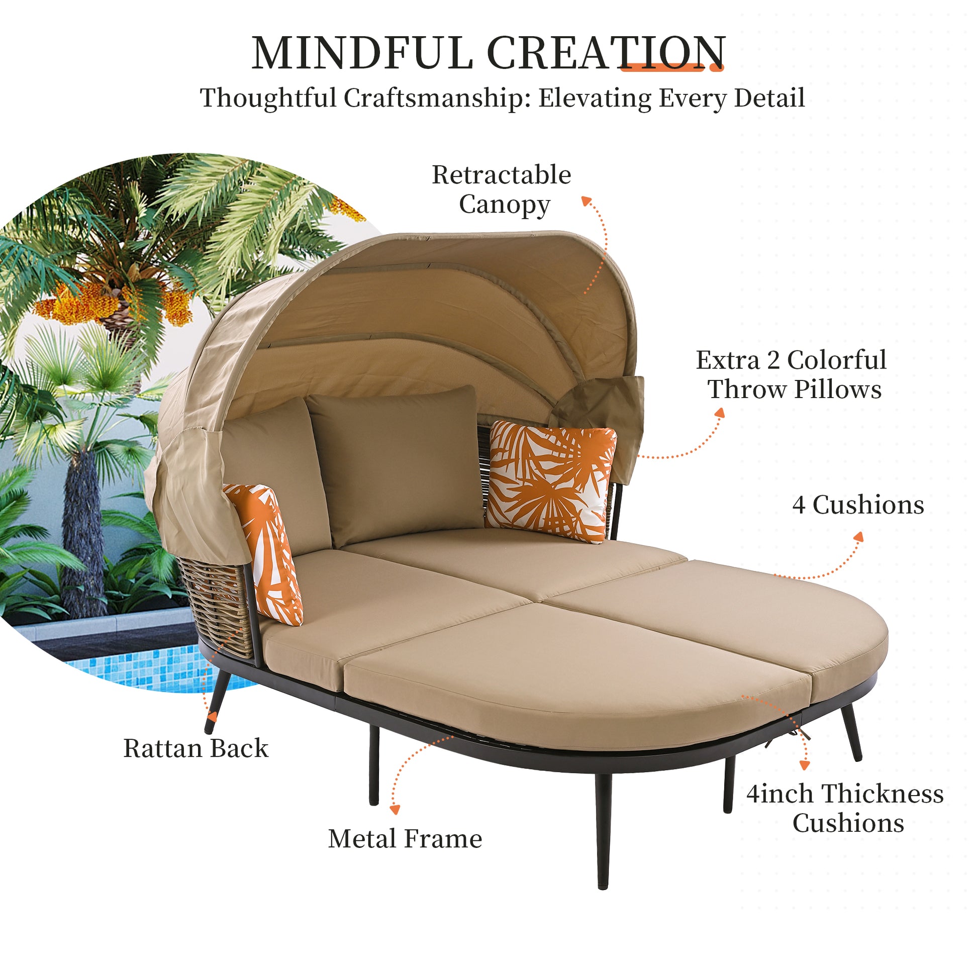 74.8" L Patio Daybed With Retractable Canopy, Outdoor Rattan Pe Wicker Back Loveseat Sofa Set With Throw Pillows And Cushions For Backyard, Poolside, Garden, Brown Yes Lounge Brown Weather Resistant Frame Water Resistant Cushion Garden & Outdoor Complete