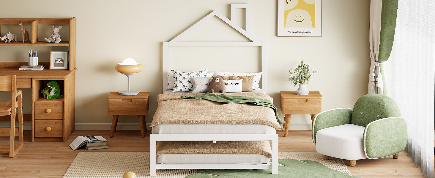 Twin Size Metal Platform Bed With Twin Size Trundle,House Shaped Headboard Design, White Twin White Metal