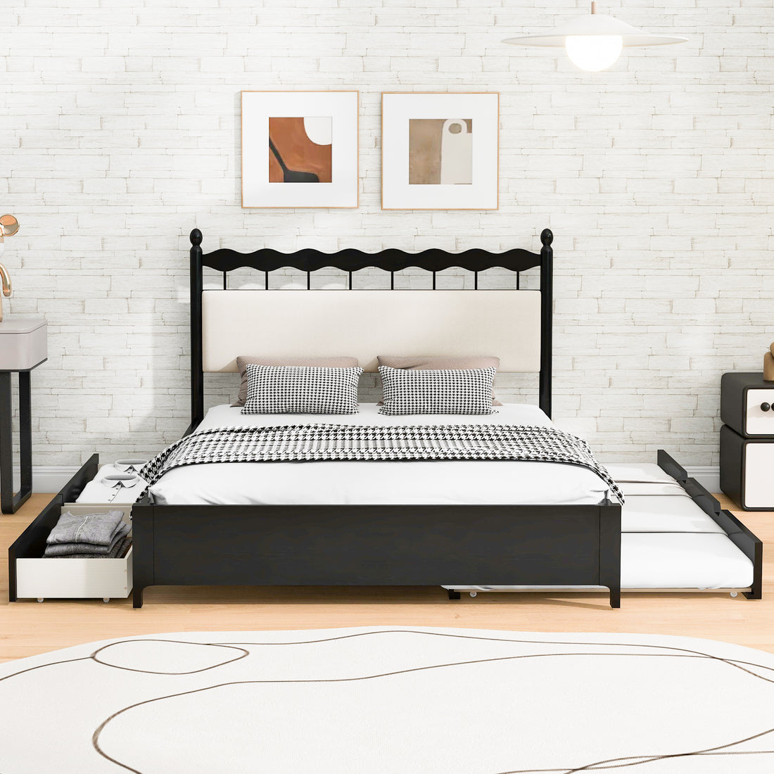 Queen Size Wooden Storage Platform Bed, With 2 Big Drawers, T Size Trundle ,Espresso Queen Espresso Plywood