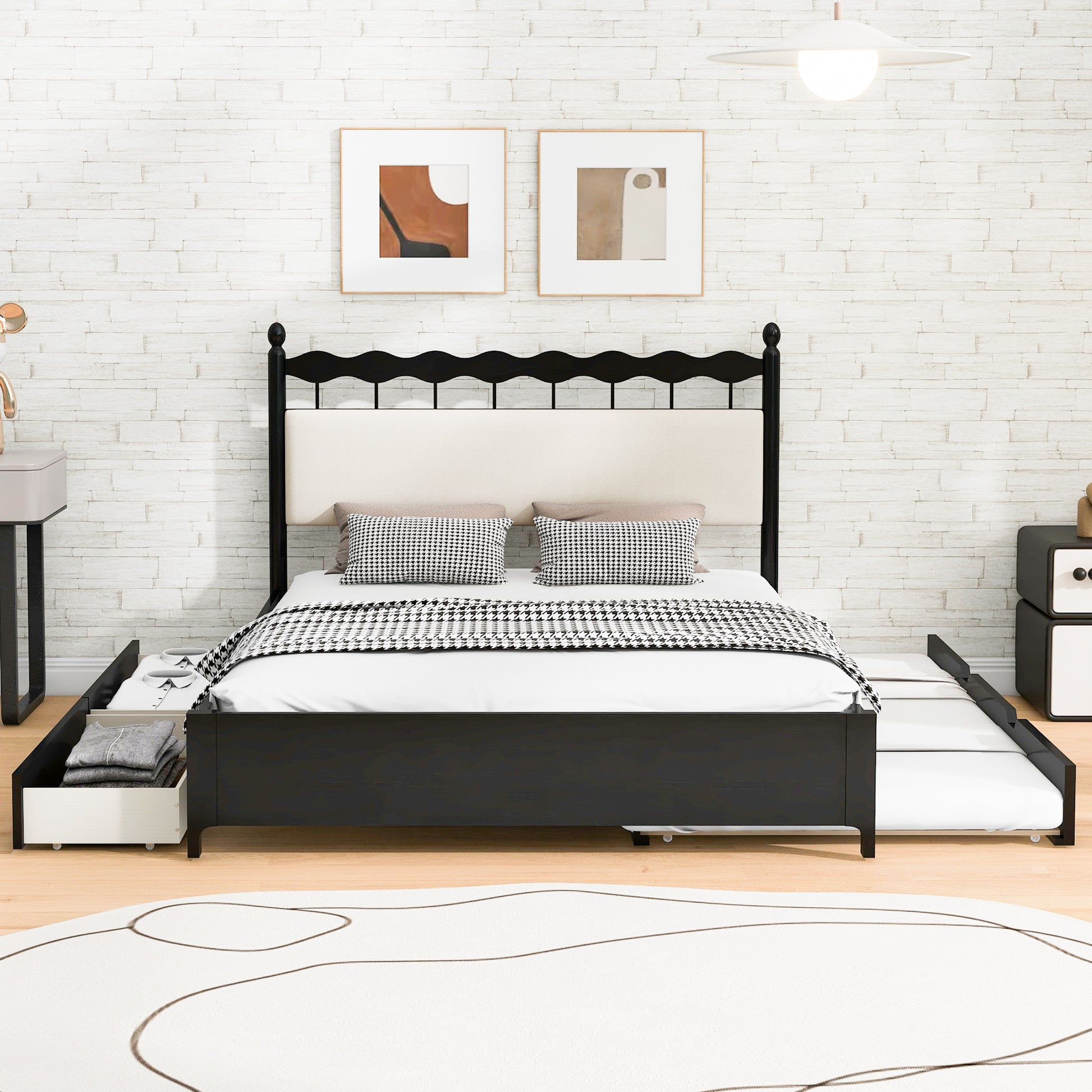 Queen Size Wooden Storage Platform Bed, With 2 Big Drawers, T Size Trundle ,Espresso Queen Espresso Plywood