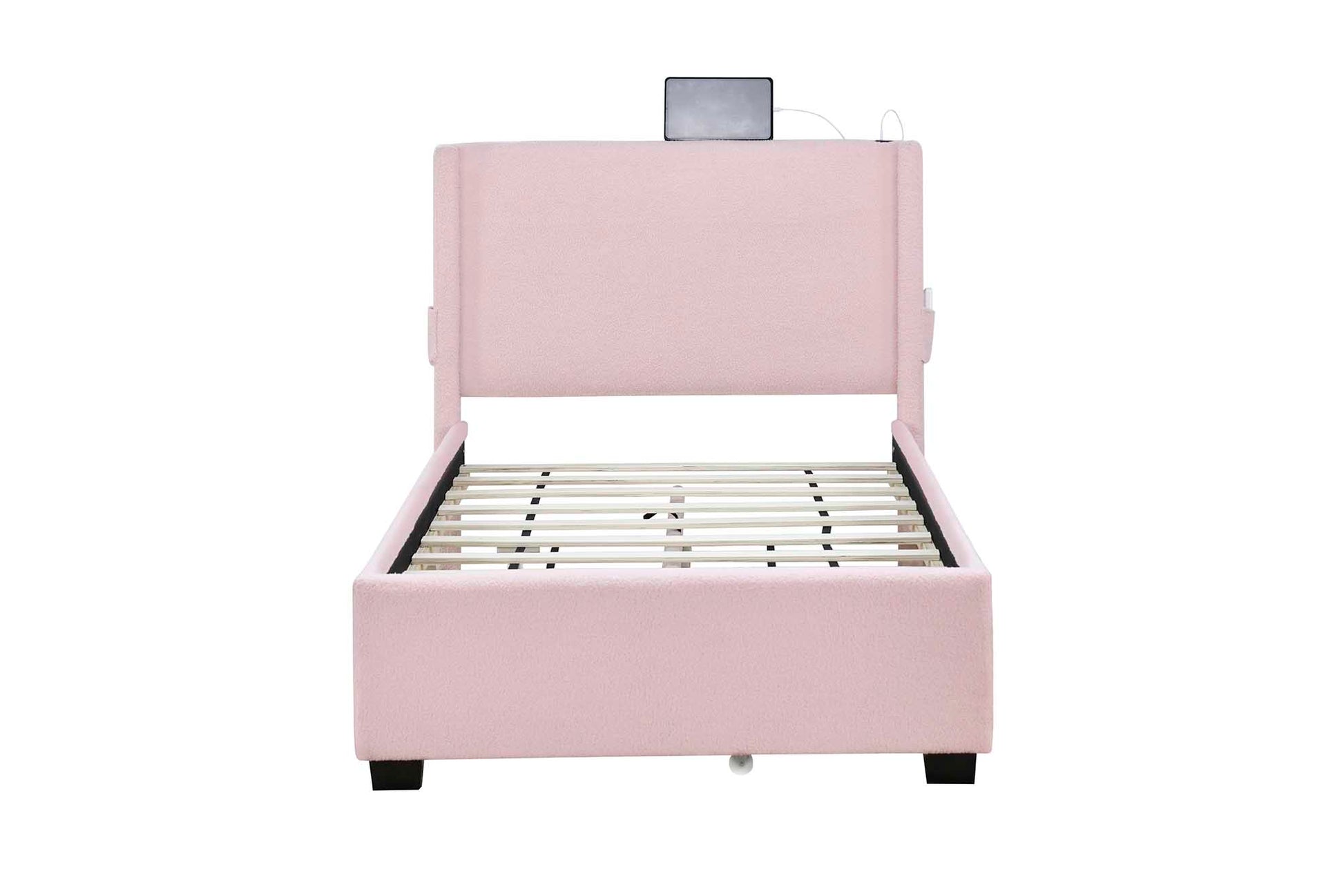 Pink Twin Size Upholstered Bed Frame With Trundle Bed, Teddy Fabric, Usb Functionality, And A Pocket Design On The Side Of The Headboard For Storing Small Items. Pink Is A Girl'S First Choice Box Spring Not Required Twin Baby Pink Wood Espresso Bedroom