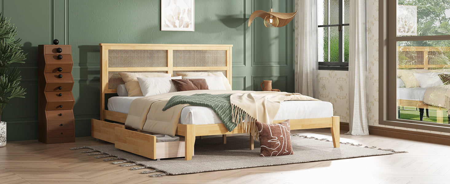 King Size Bed With Rattan Headboard, Two Storage Drawers, Rubber Wood Bed With Enhanced Support Salts And Feet,White Oak King White Oak Rubber Wood