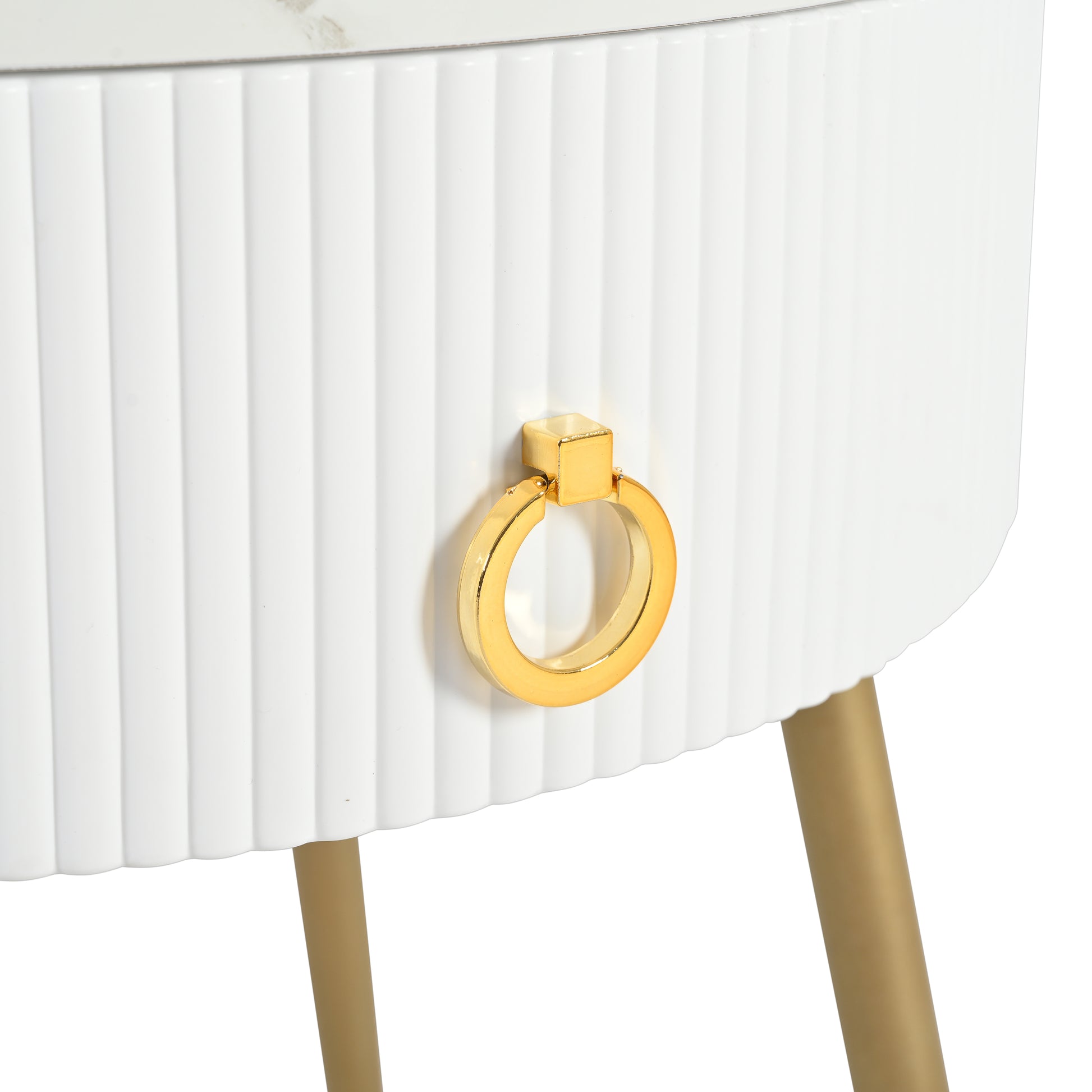 19.6'' Easy Assembly End Tables With High Gloss Faux Marble Tabletops, Set Of 2, Modern Fluted 2 Side Tables With Drawers, Round Coffee Tables With Golden Legs For Living Room, White White Gold Primary Living Space Drawers Round Mdf Iron