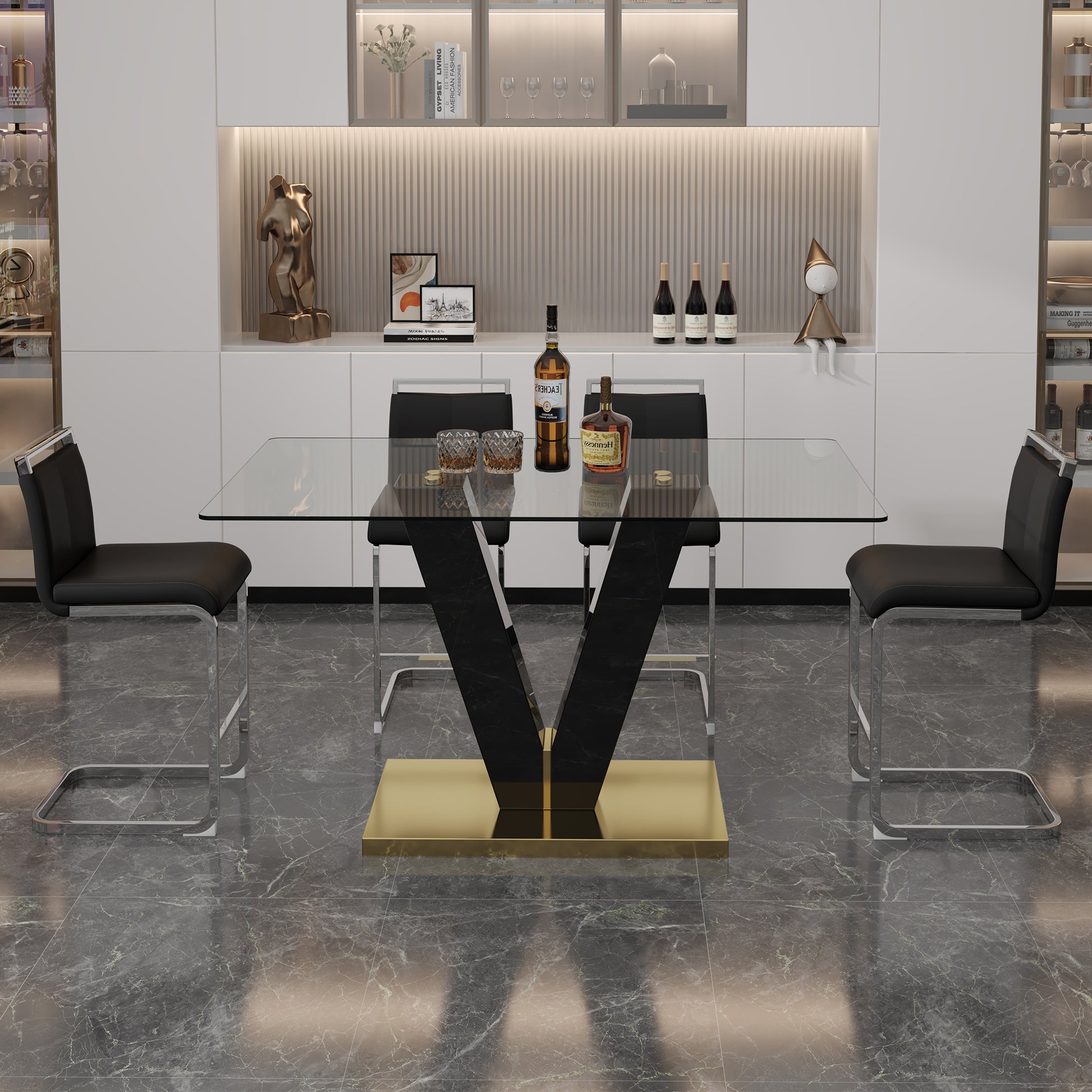 Table And Chair Set. A Rectangular Glass Dining Table With A 0.4 Inch Tempered Glass Tabletop And Mdf Board V Shaped Bracket, Paired With Chairs Consisting Of Pu Seat Cushions And Silver Metal Legs. Black Seats 4 Tempered Glass