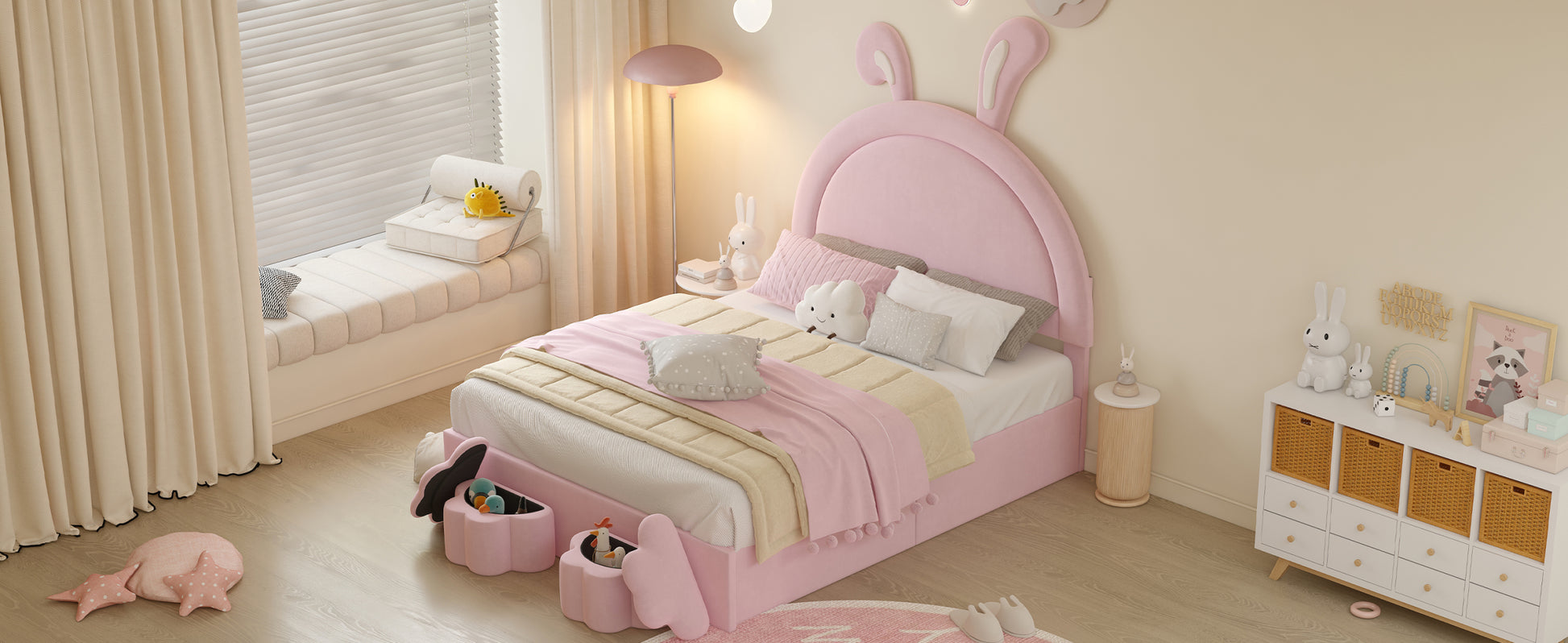 Full Size Upholstered Rabbit Shape Bed With 2 Storage Stools, Velvet Platform Bed With Cartoon Ears Shaped Headboard, Pink Full Pink Wood
