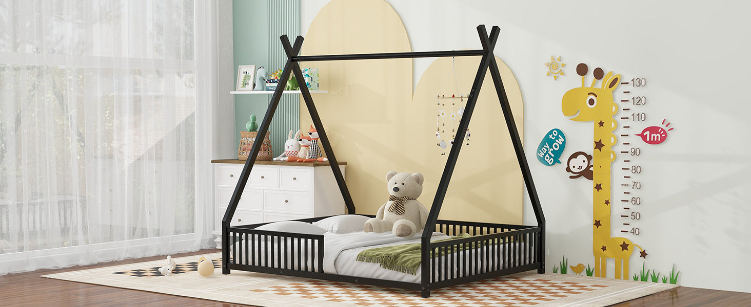 Metal Full Size House Platform Bed With Triangle Structure And Guardrail, Black Box Spring Not Required Full Black Metal Metal